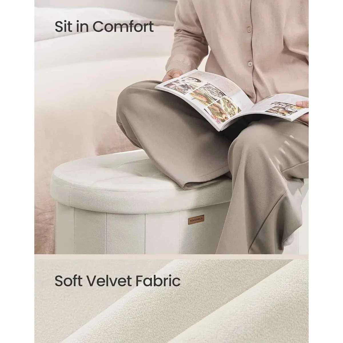 Foldable Velvet Storage Chest - Ottoman Bench with Hidden Storage, Cream White - Cream White – image 3
