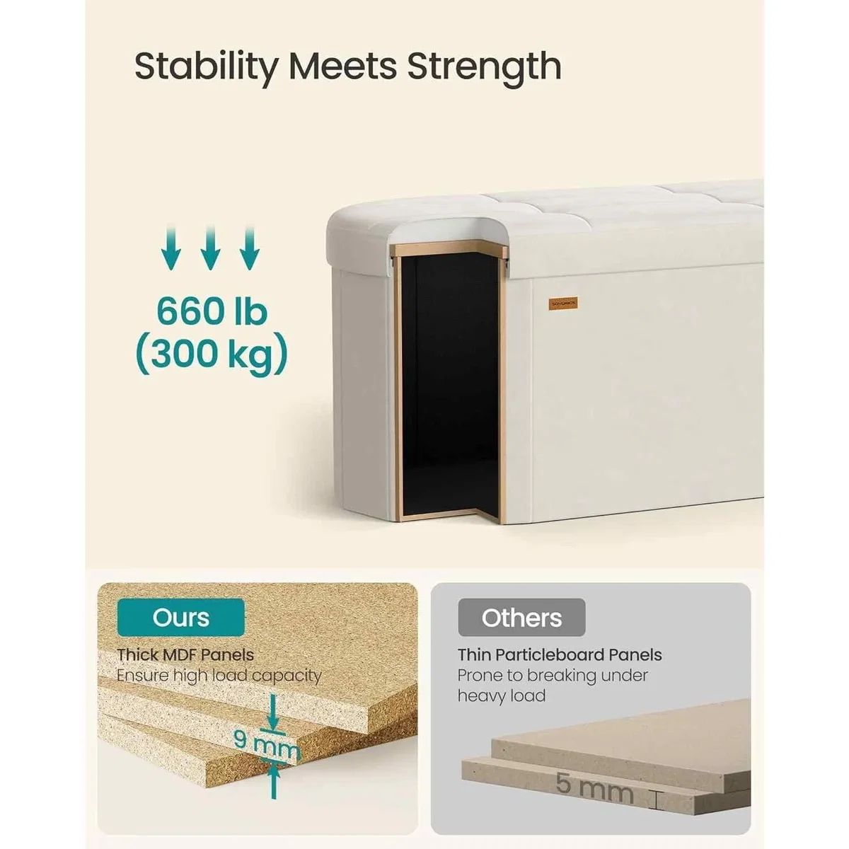 Foldable Velvet Storage Chest - Ottoman Bench with Hidden Storage, Cream White - Cream White – image 5