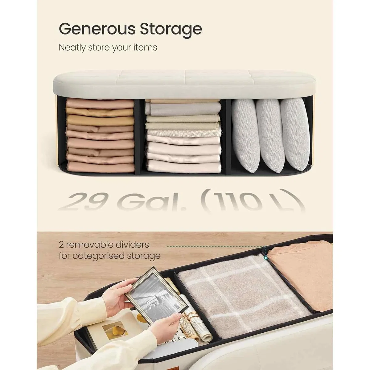 Foldable Velvet Storage Chest - Ottoman Bench with Hidden Storage, Cream White - Cream White – image 7