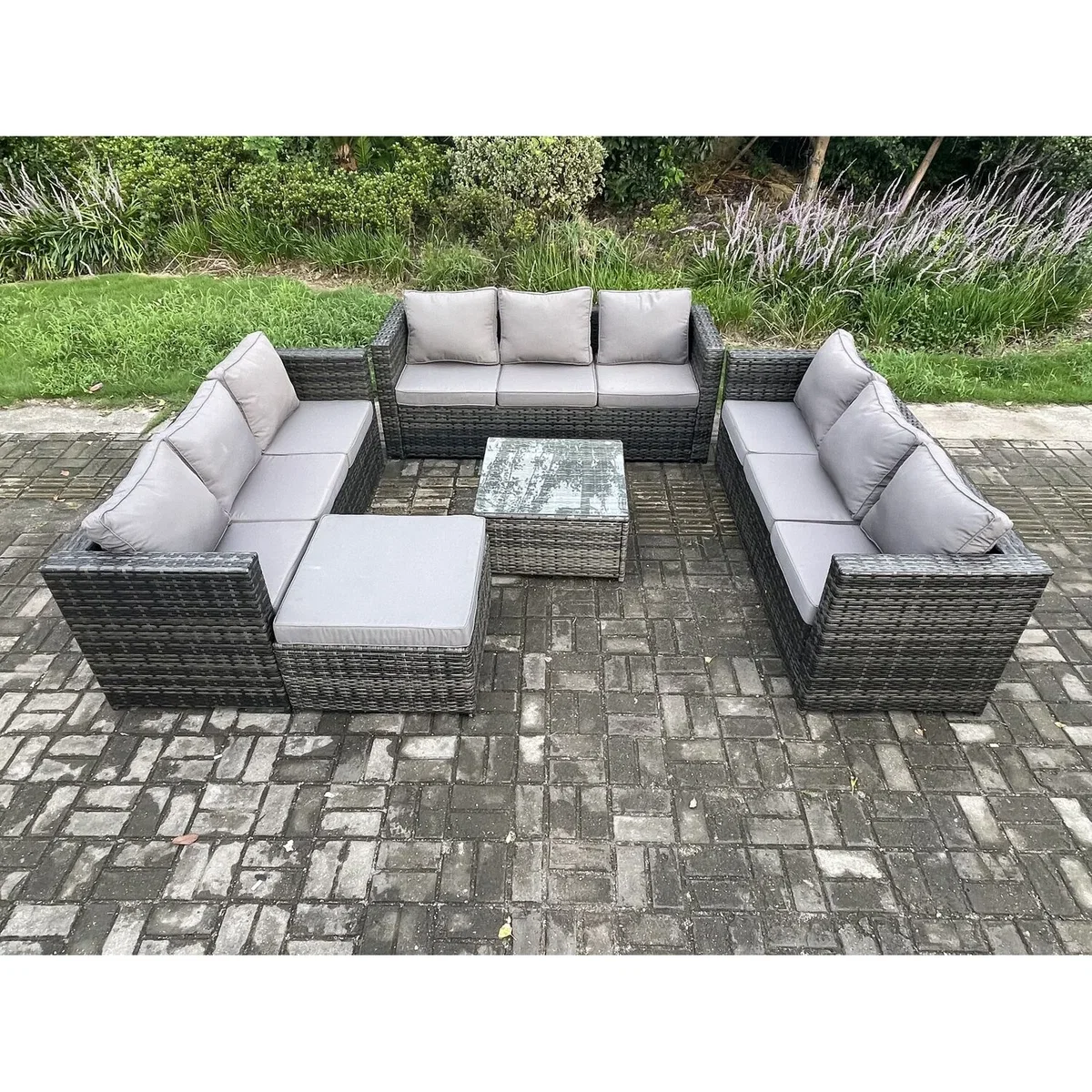 Fimous 10-Seater Rattan Lounge Set with Coffee Table & Footstool - Dark Grey – image 3