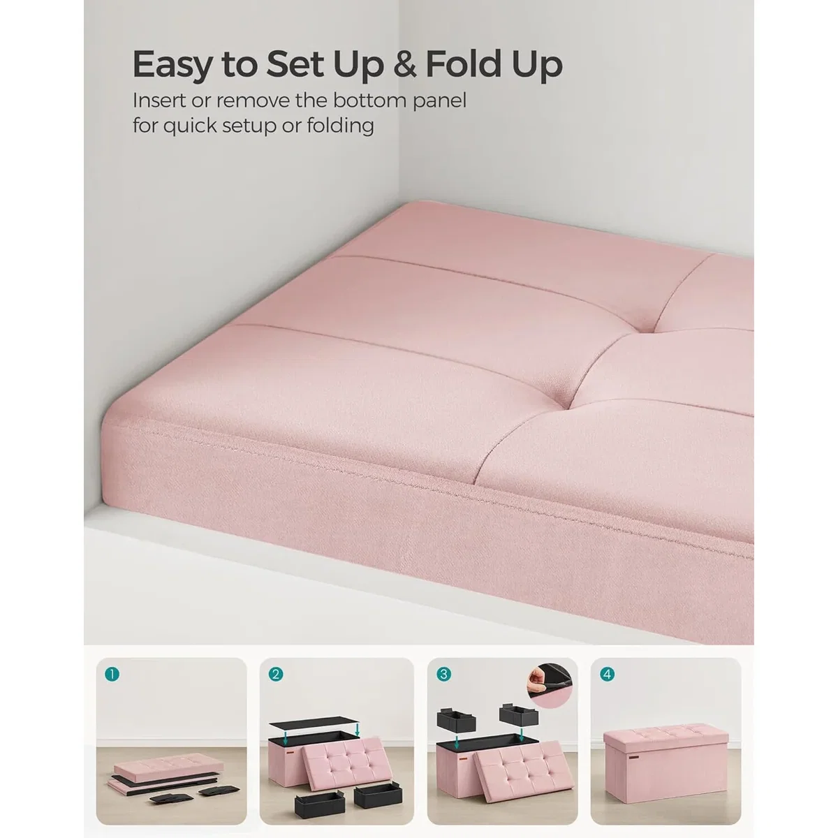 Velvet Storage Ottoman Bench with Hidden Compartment, 76 cm Soft Padded Storage Seat - Jelly Pink – image 2