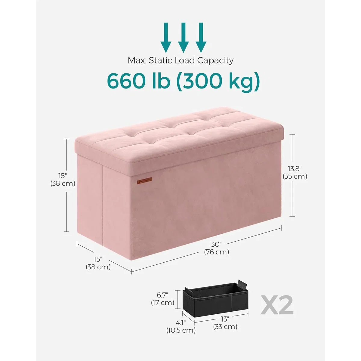 Velvet Storage Ottoman Bench with Hidden Compartment, 76 cm Soft Padded Storage Seat - Jelly Pink – image 3