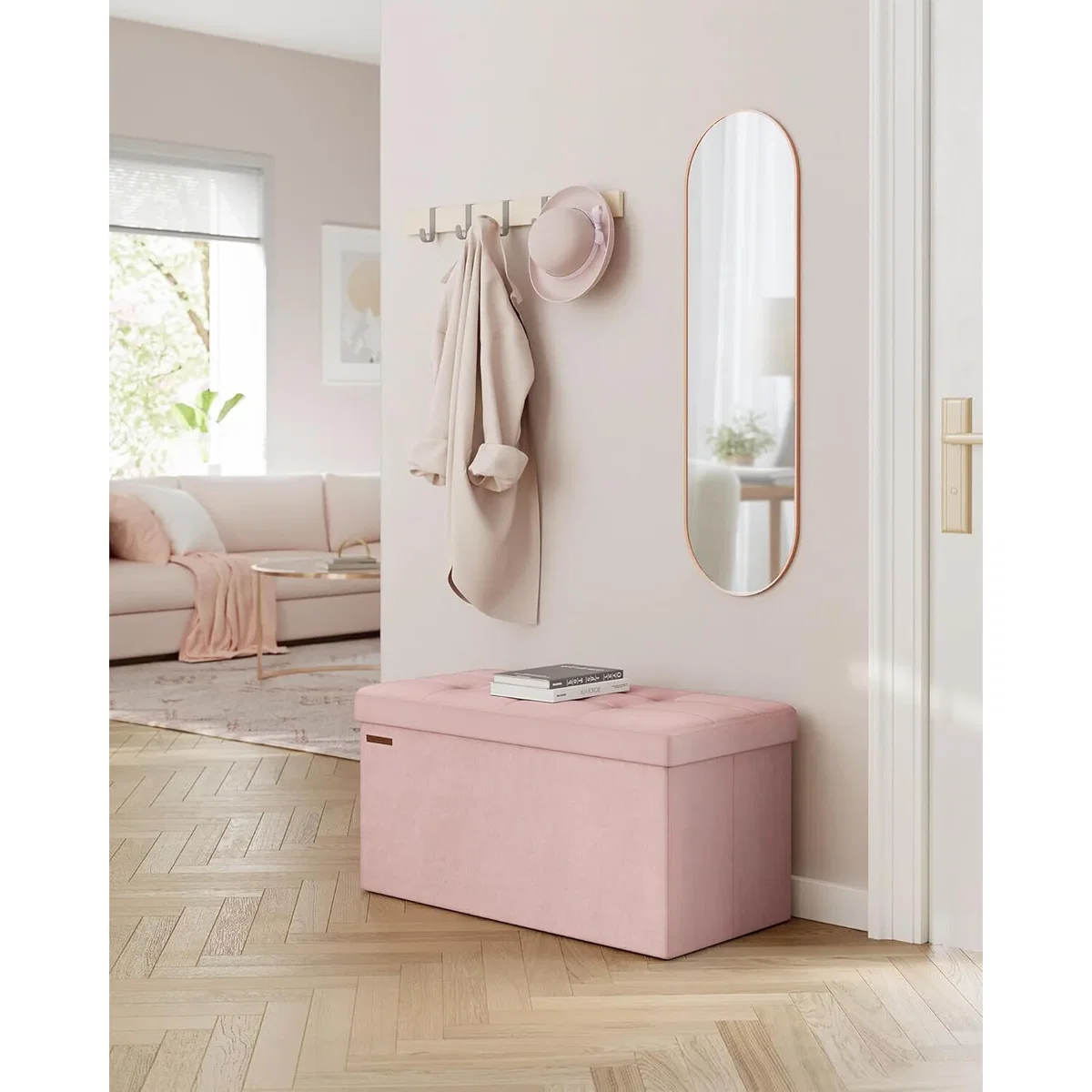 Velvet Storage Ottoman Bench with Hidden Compartment, 76 cm Soft Padded Storage Seat - Jelly Pink – image 1