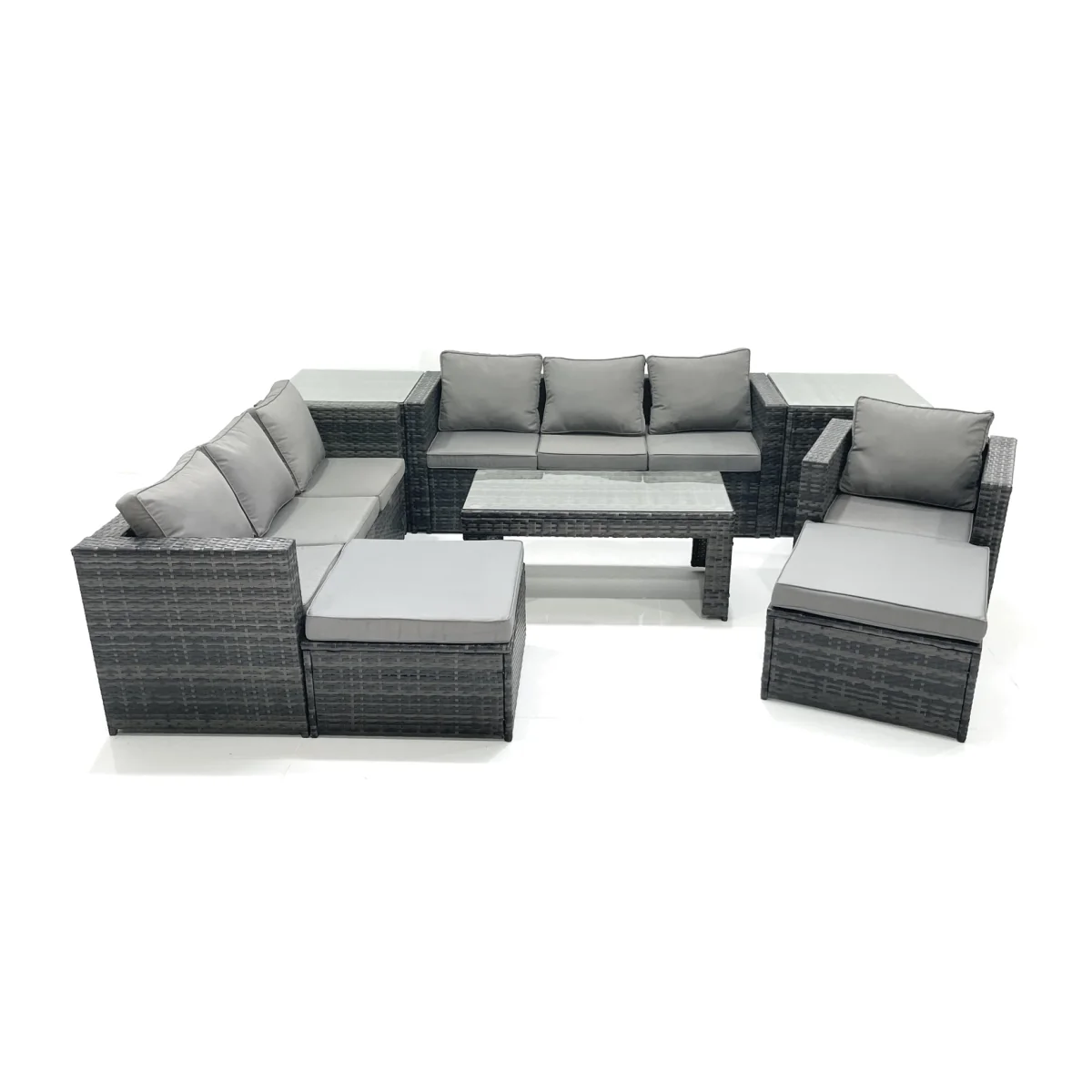 Fimous 9-Seater Dark Grey PE Rattan Garden Furniture Set with Coffee Table and Footstools. - Dark Grey – image 1
