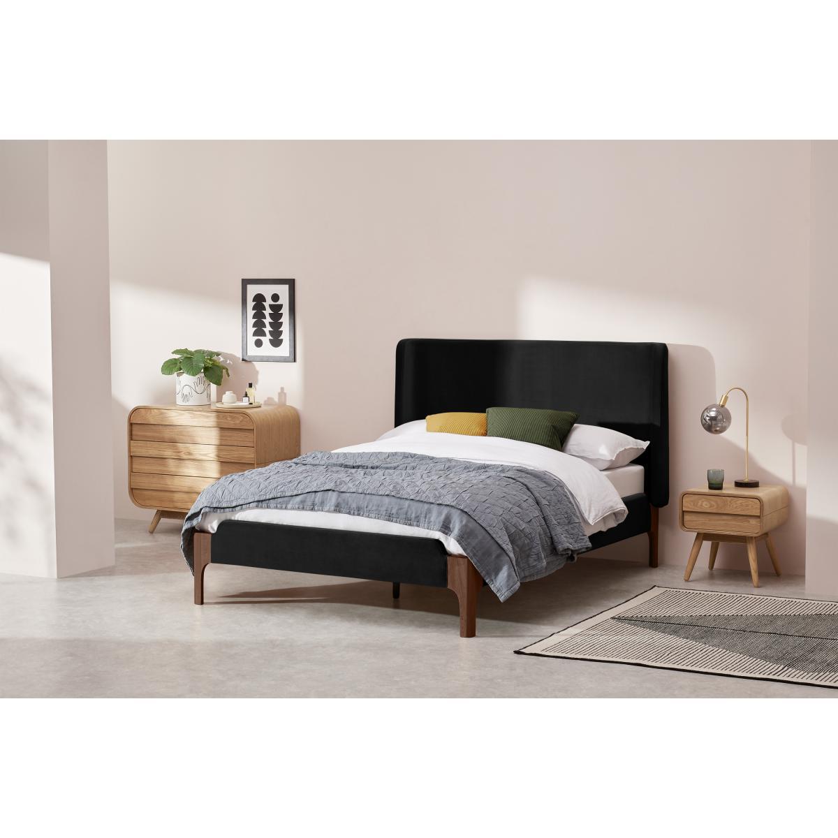 Roscoe King Size Bed, Deep Black Velvet & Dark Stain Oak – image 4