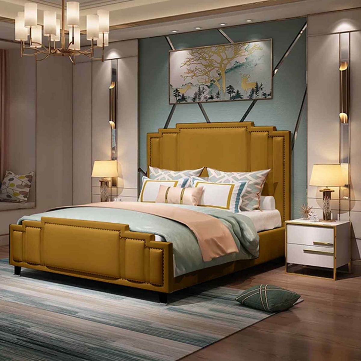 Elias Upholstered Plush Velvet Bed Frame - Yellow / King Size
