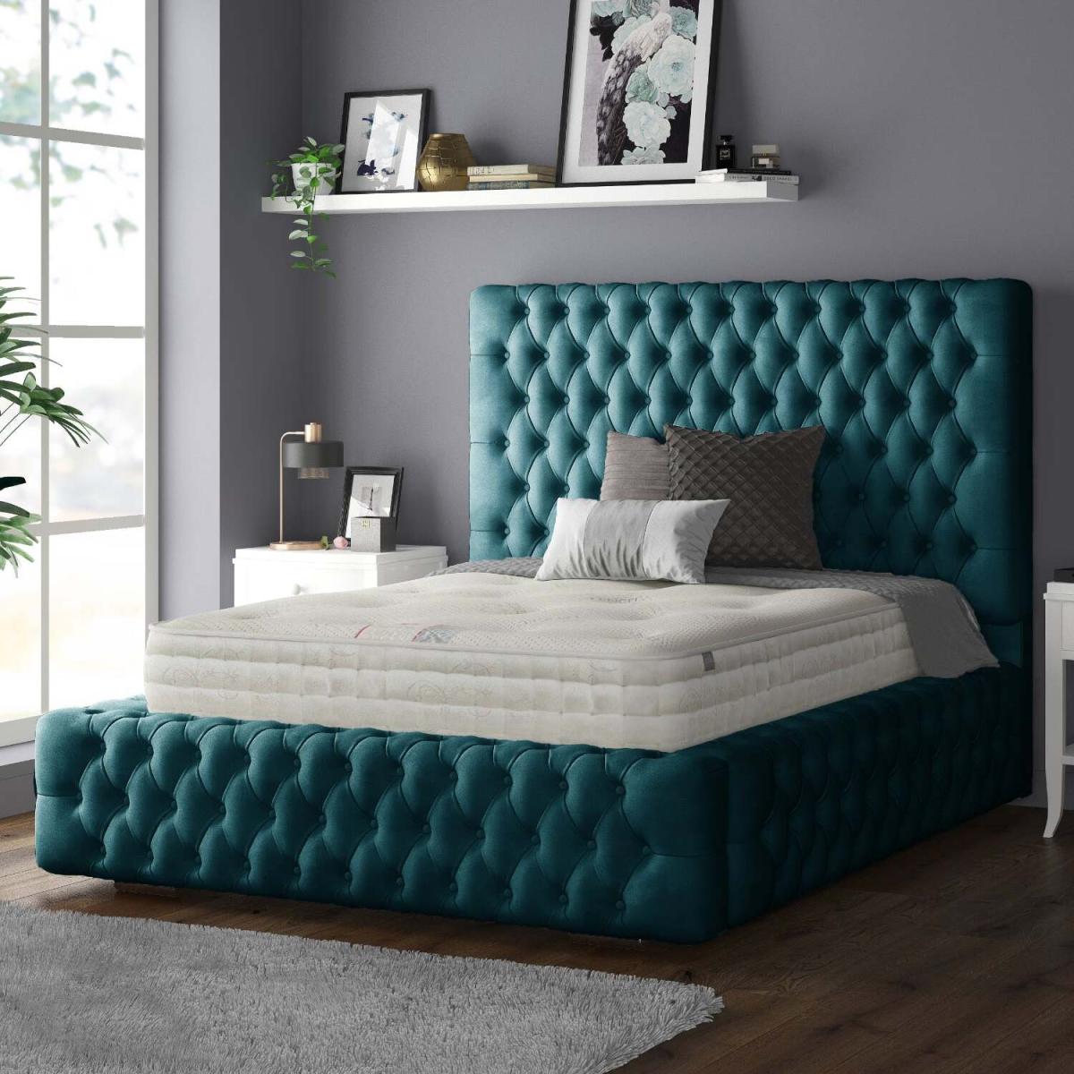 Royal Cushioned Chesterfield Plush Velvet Bed Frame 10 Inch Border - Mallard / King