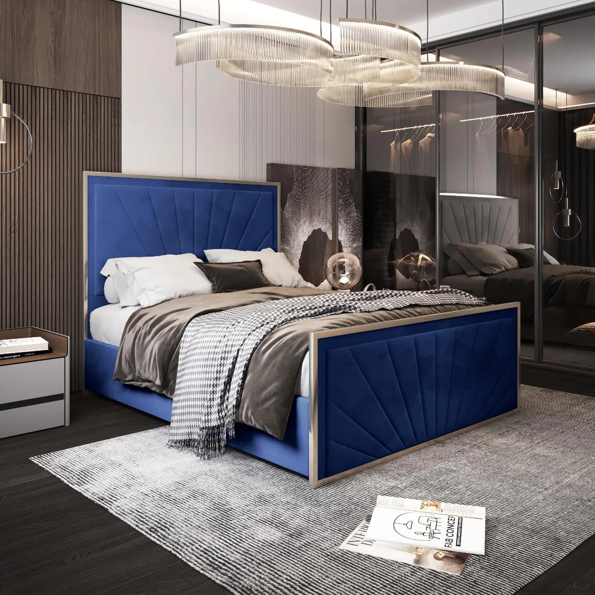 Roxy Upholstered Soft Velvet Metal Bed Frame - Blue / King – image 1