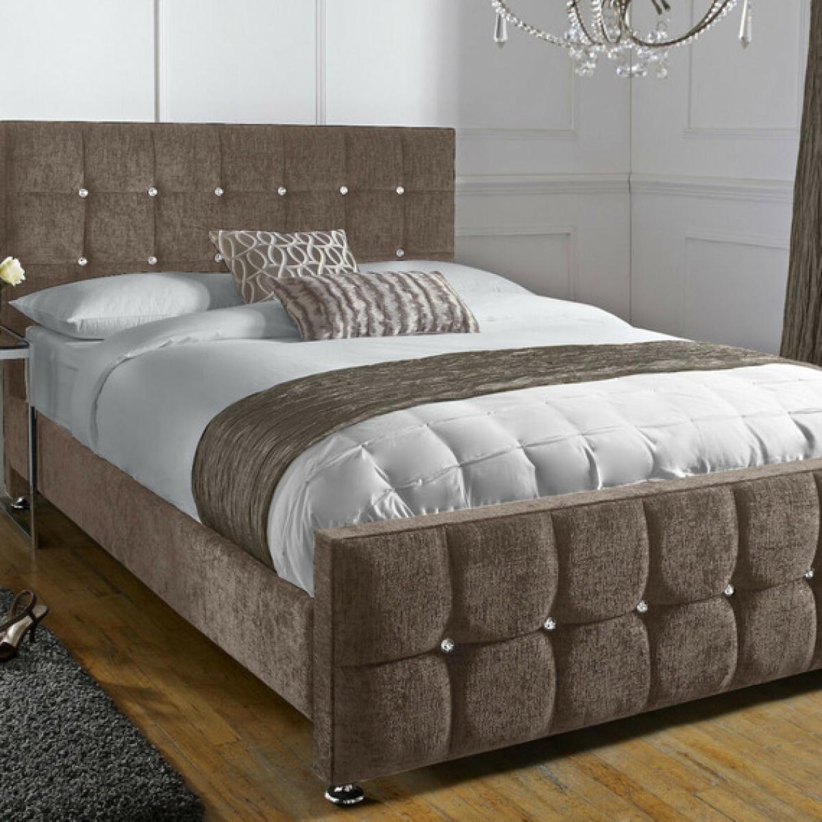 CUBE Upholstered Chenille Diamante Bed Frame - MINK / King