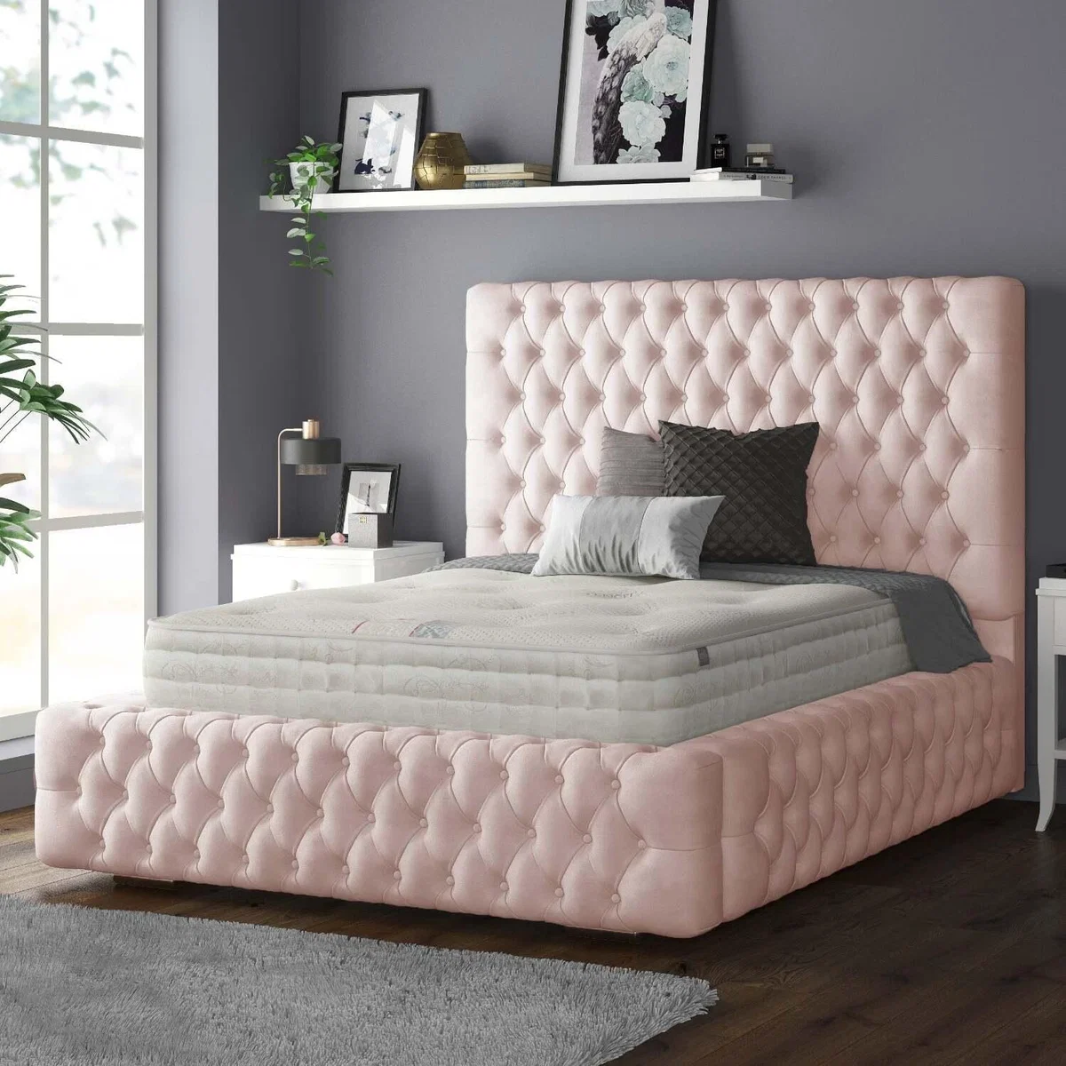 Royal Cushioned Chesterfield Plush Velvet Bed Frame 10 Inch Border - Pink / King