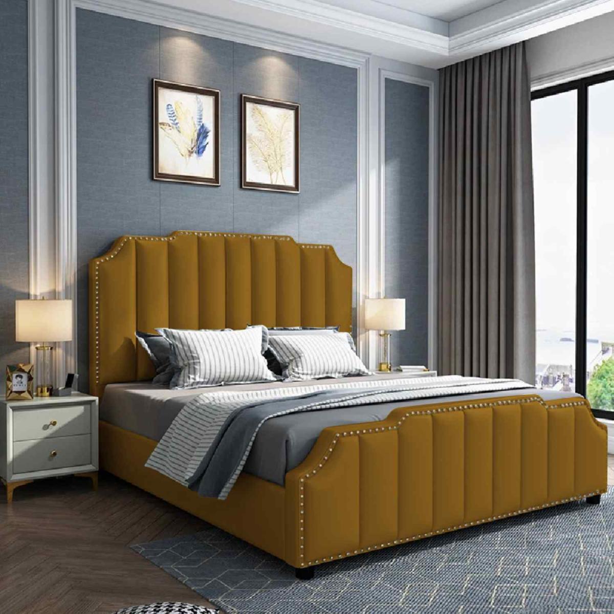 Amelia Upholstered Plush Velvet Bed Frame - Yellow / King Size