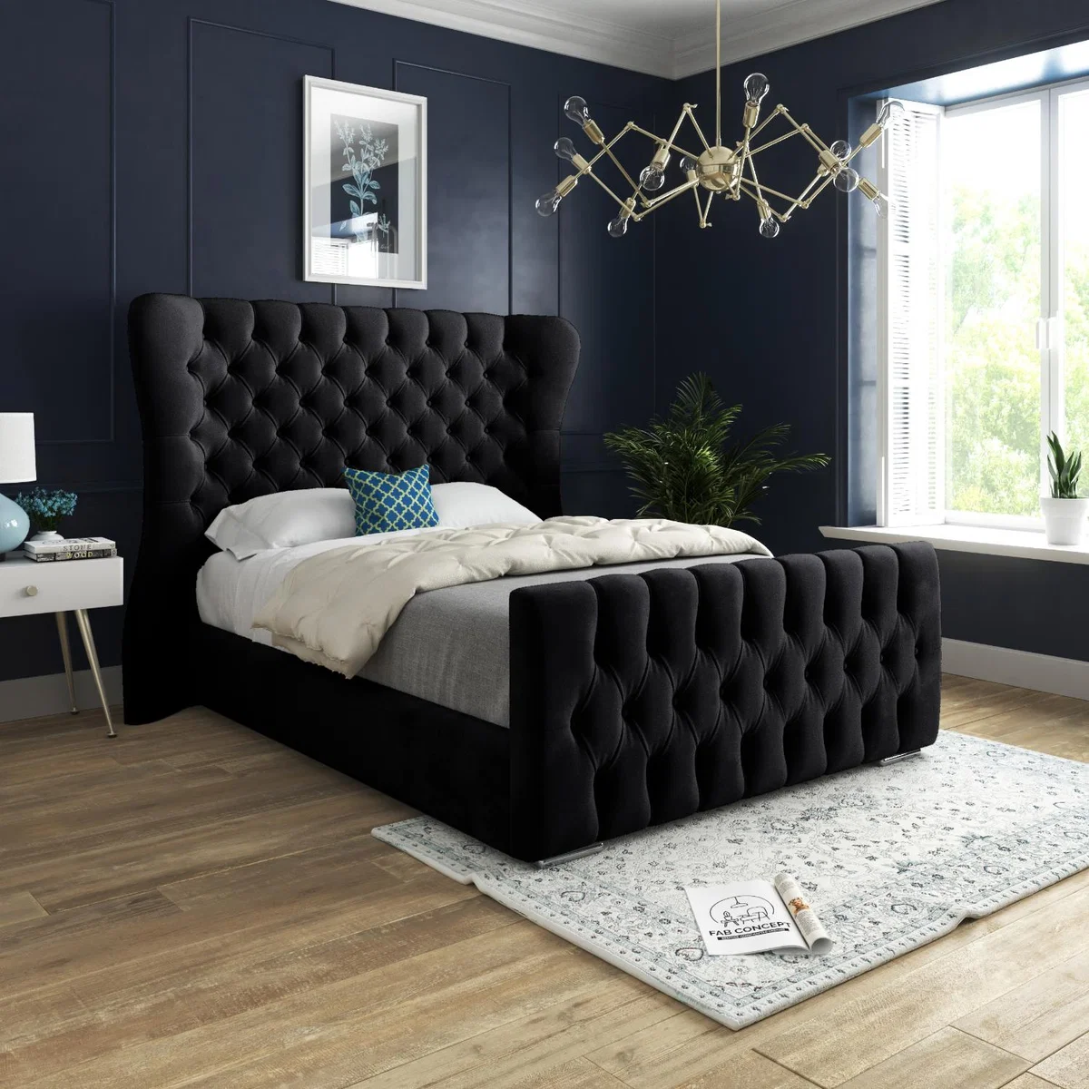 Parma Wide Curved Winged Upholstered Soft Velvet Bed Frame - Black / King – image 1