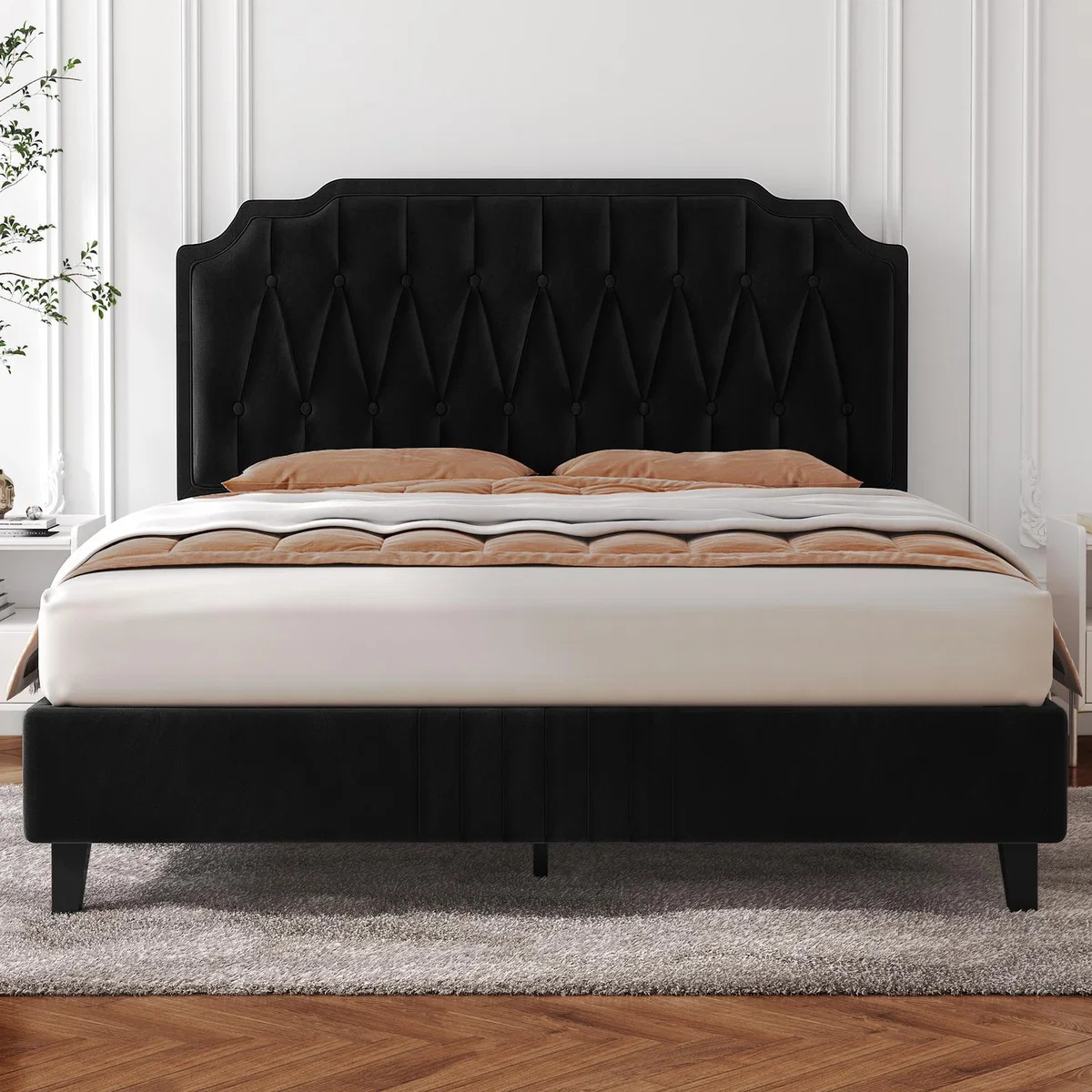 Upholstered Bed Frame with Button-Tufted Headboard - Black / King