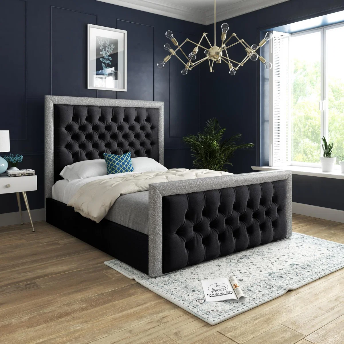 Venice Glitter Border Upholstered Soft Velvet Bed Frame - Black / King – image 1