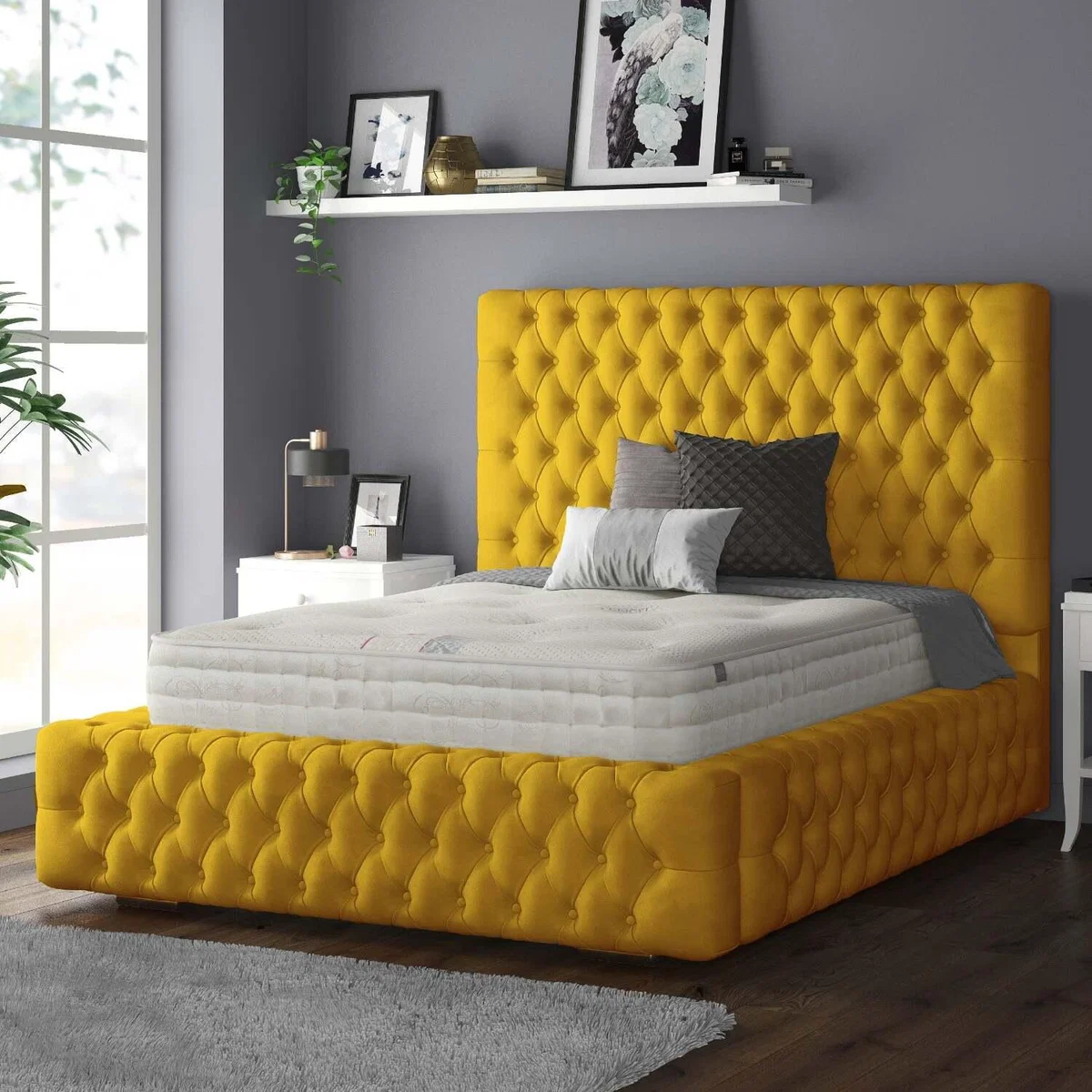 Royal Cushioned Chesterfield Plush Velvet Bed Frame 10 Inch Border - Turmeric / King