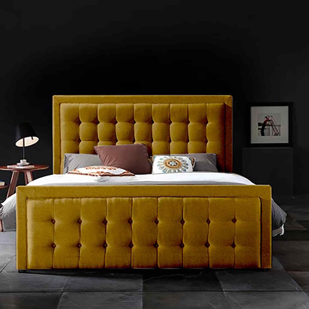 Teigra Upholstered Plush Velvet Bed Frame - Yellow / King Size