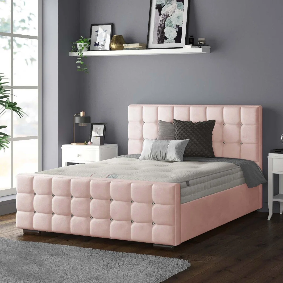 Cube Chesterfield Plush Velvet Bed Frame with Diamonds - Pink / King