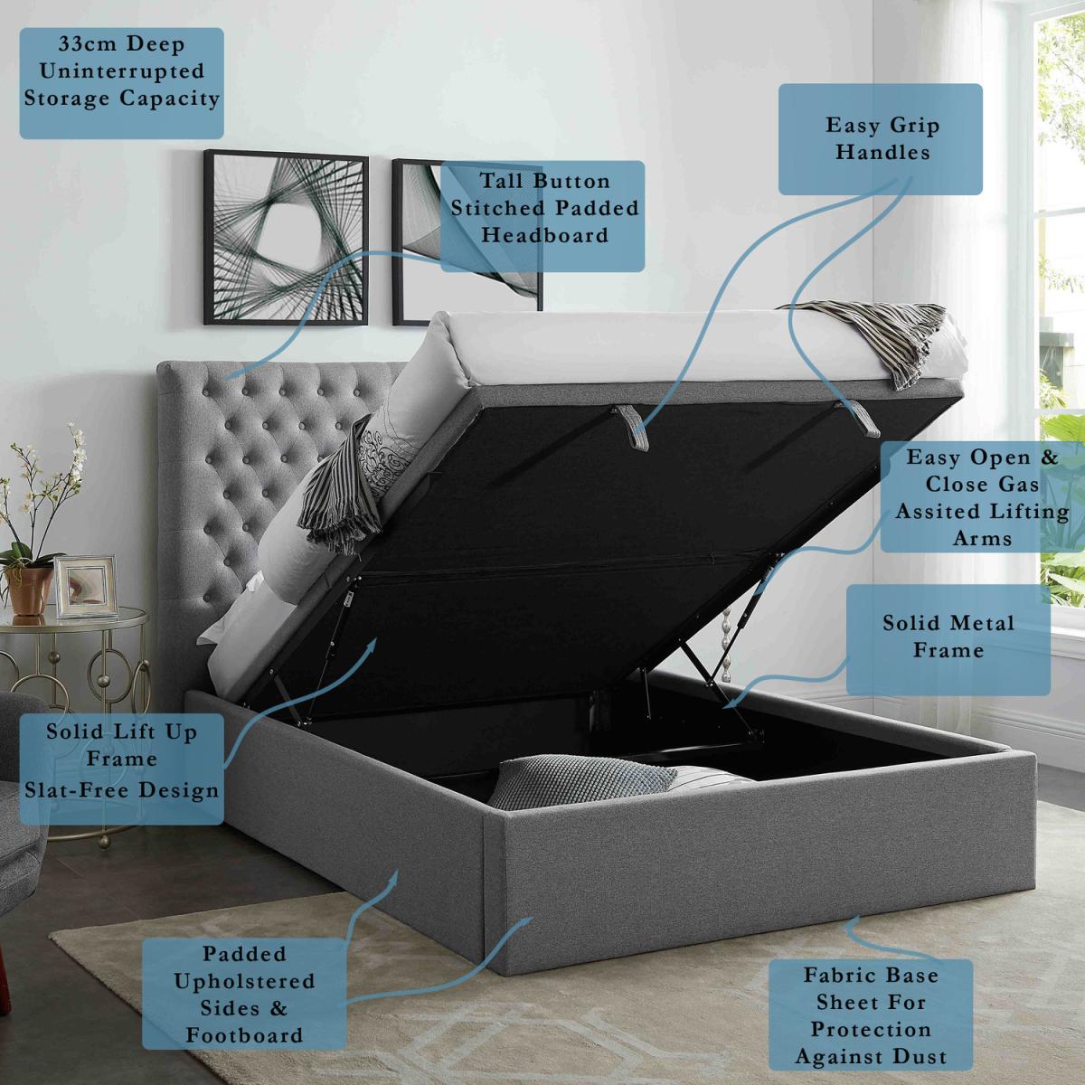 King Size Grey Ottoman Storage Bed Frame - Grey – image 4