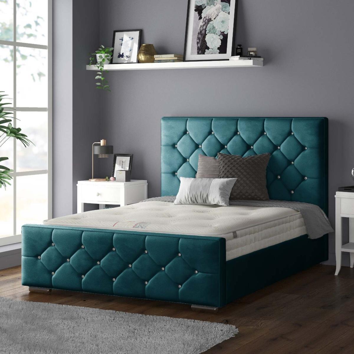 Belle Chesterfield Plush Velvet Bed Frame with Diamonds - Mallard / King