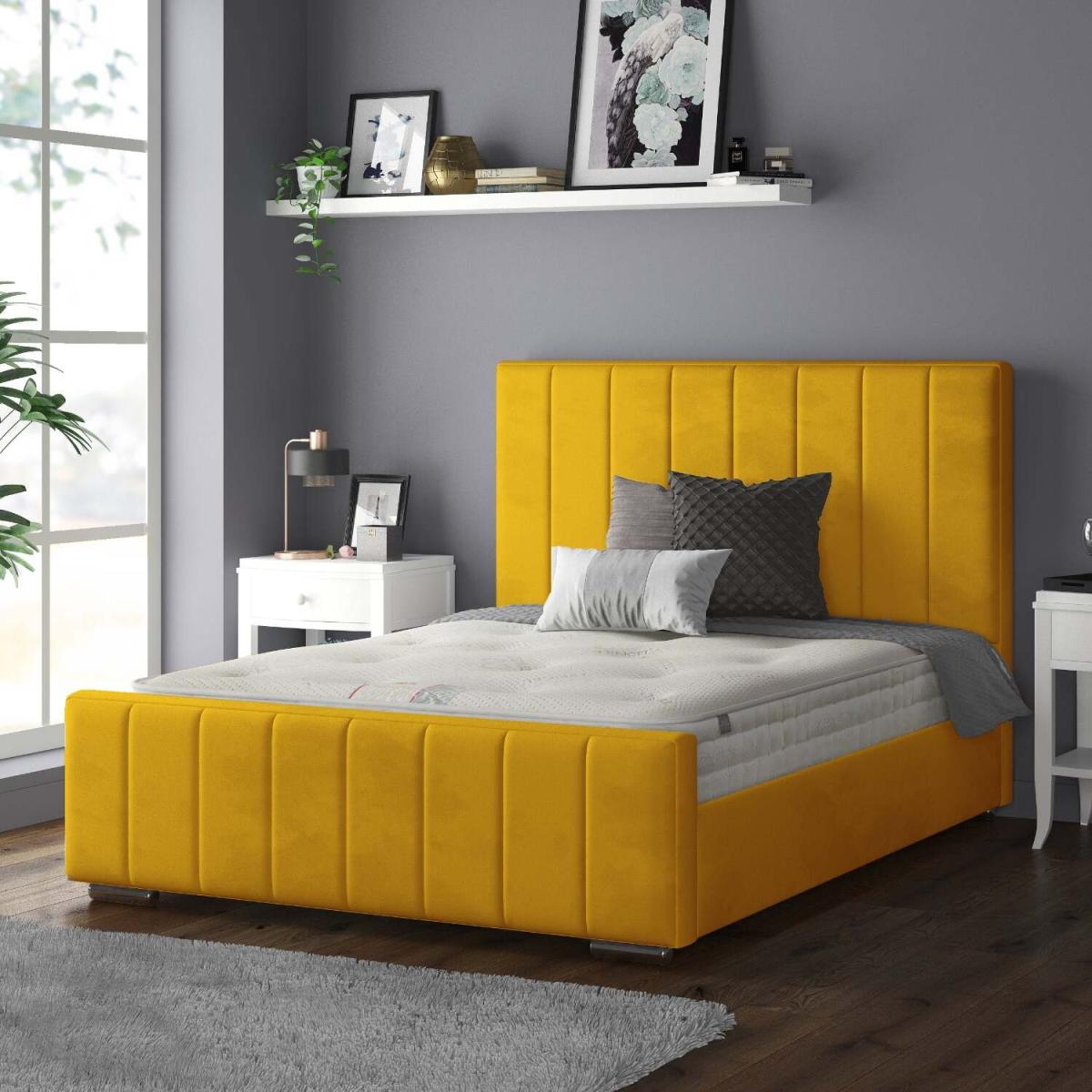 Nala Vertical Striped Plush Velvet Bed Frame - Turmeric / King