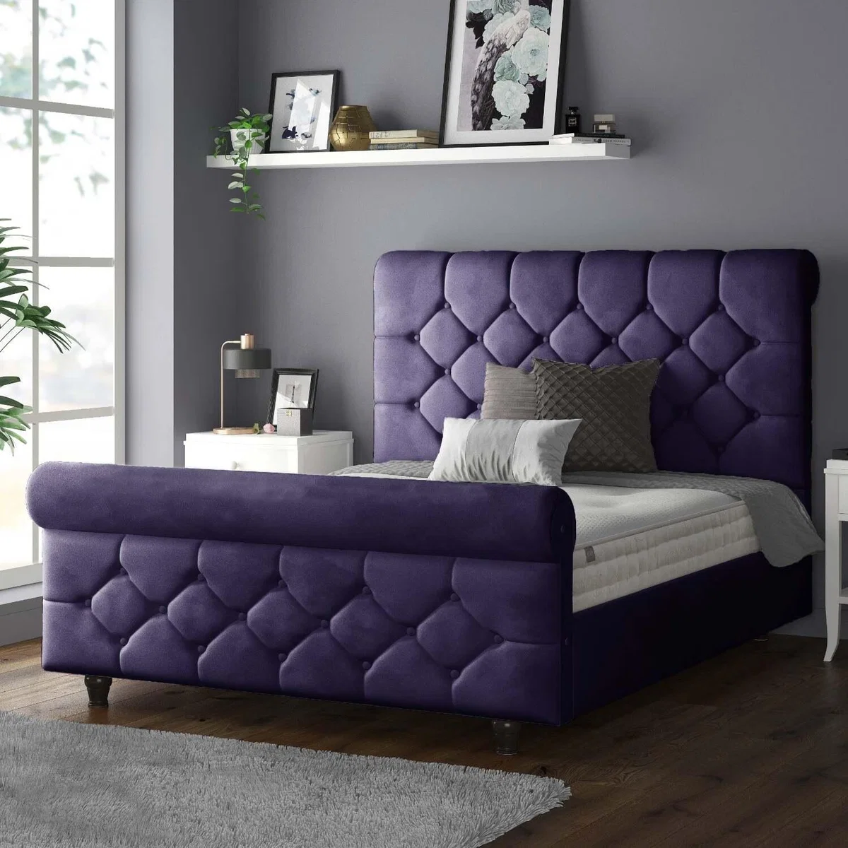 Jasmine Velvet Chesterfield Sleigh Plush Velvet Bed Frame - Plum / King