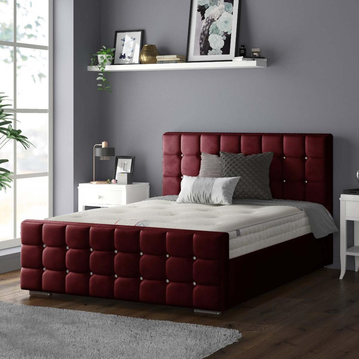 Cube Chesterfield Plush Velvet Bed Frame with Diamonds - Burgundy / King