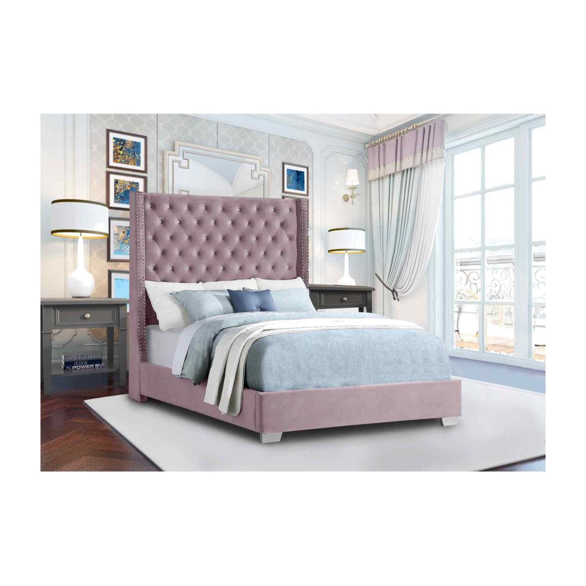 Noah Upholstered Plush Velvet Bed Frame - Pink / King Size