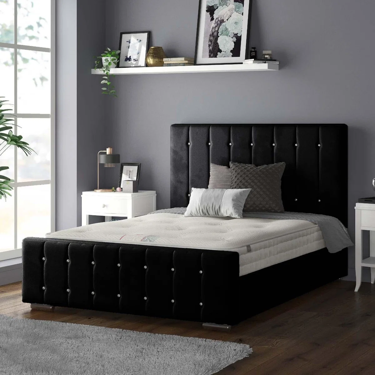 Anastasia Striped Plush Velvet Bed Frame with Diamonds - Black / King