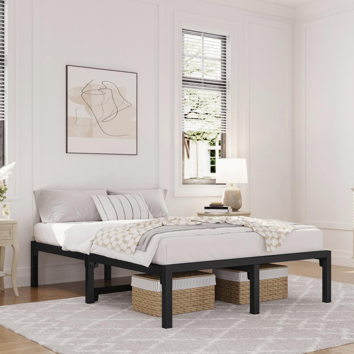 Metal Platform Bed Frame with Durable Steel Slat Support - Black / King