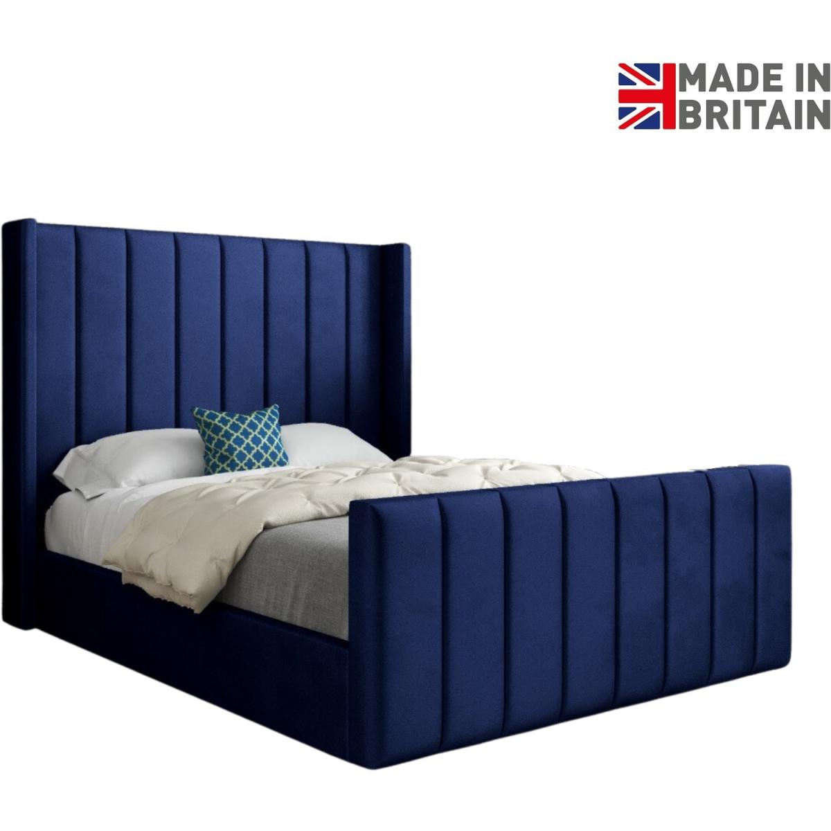 Romano Straight Winged Upholstered Soft Velvet Bed Frame - Blue / King – image 2