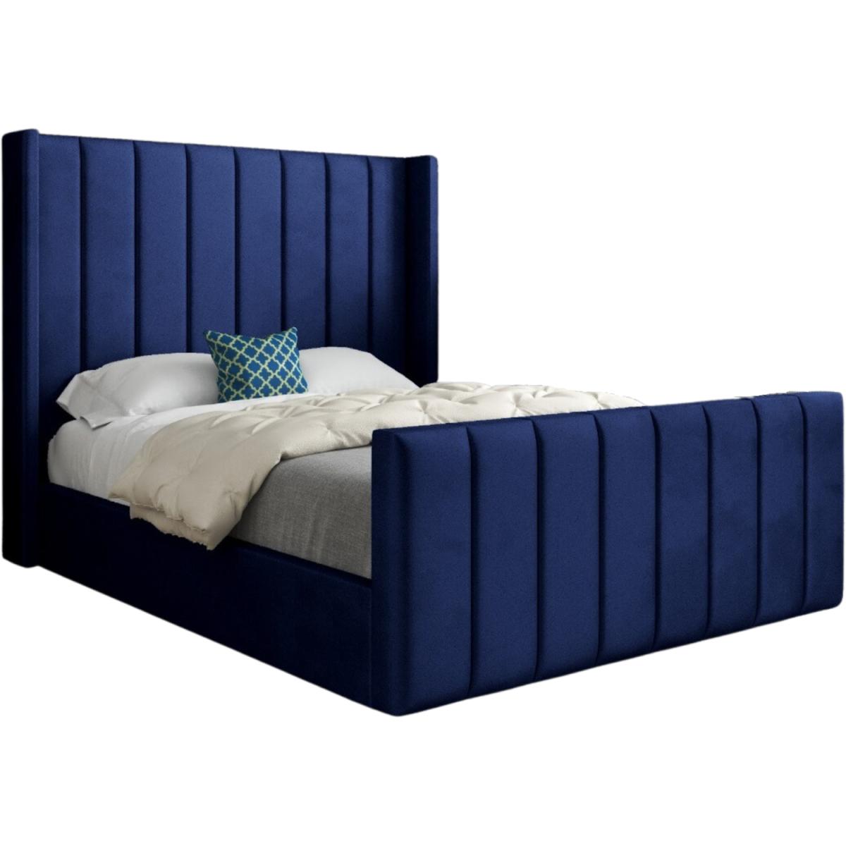 Romano Straight Winged Upholstered Soft Velvet Bed Frame - Blue / King – image 3