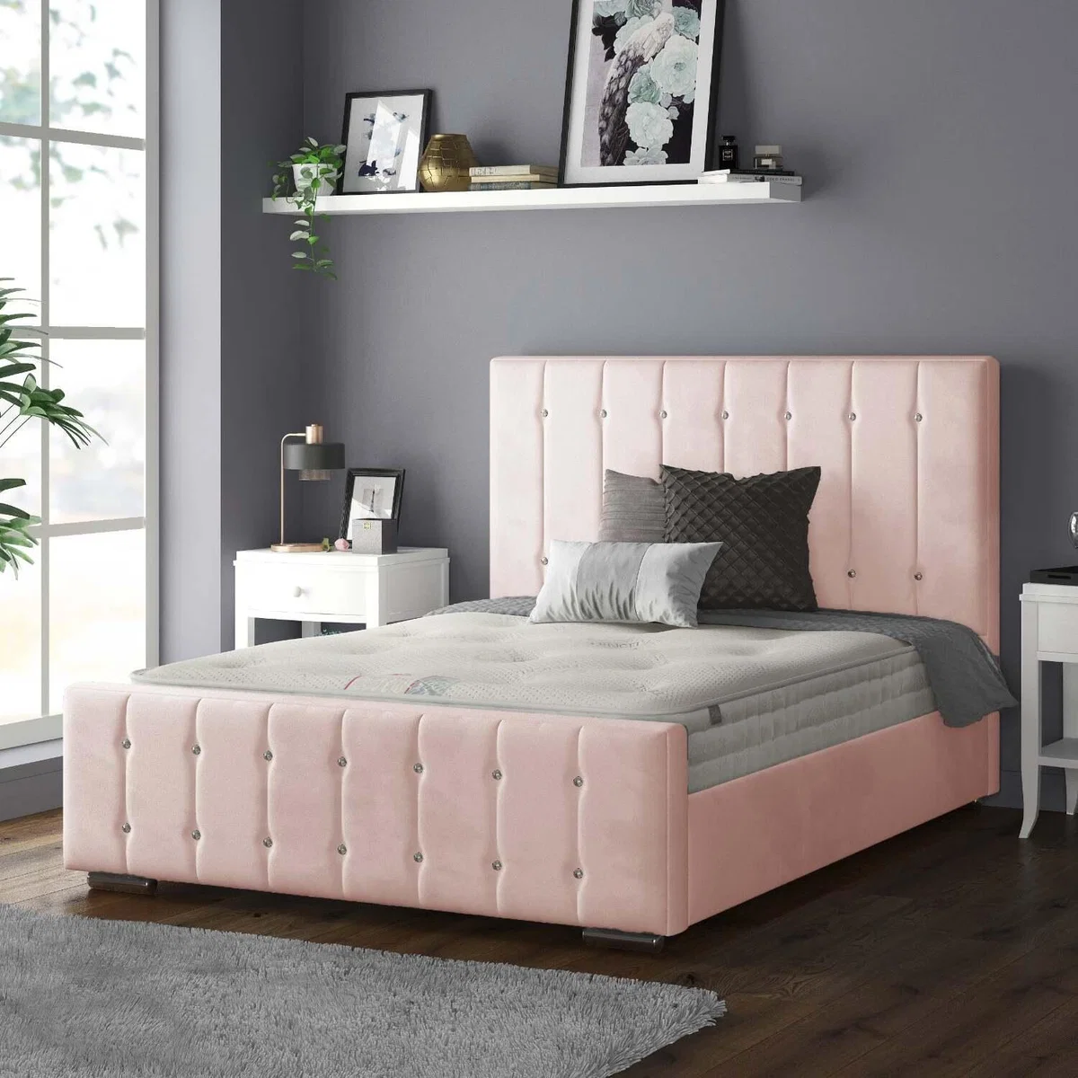 Anastasia Striped Plush Velvet Bed Frame with Diamonds - Pink / King