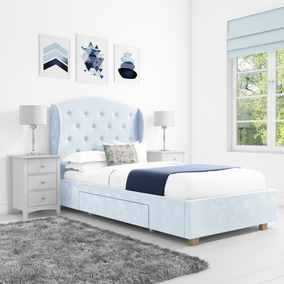 Safina Wing Back Single Bed in Baby Blue Velvet with Underbed Drawer – image 2