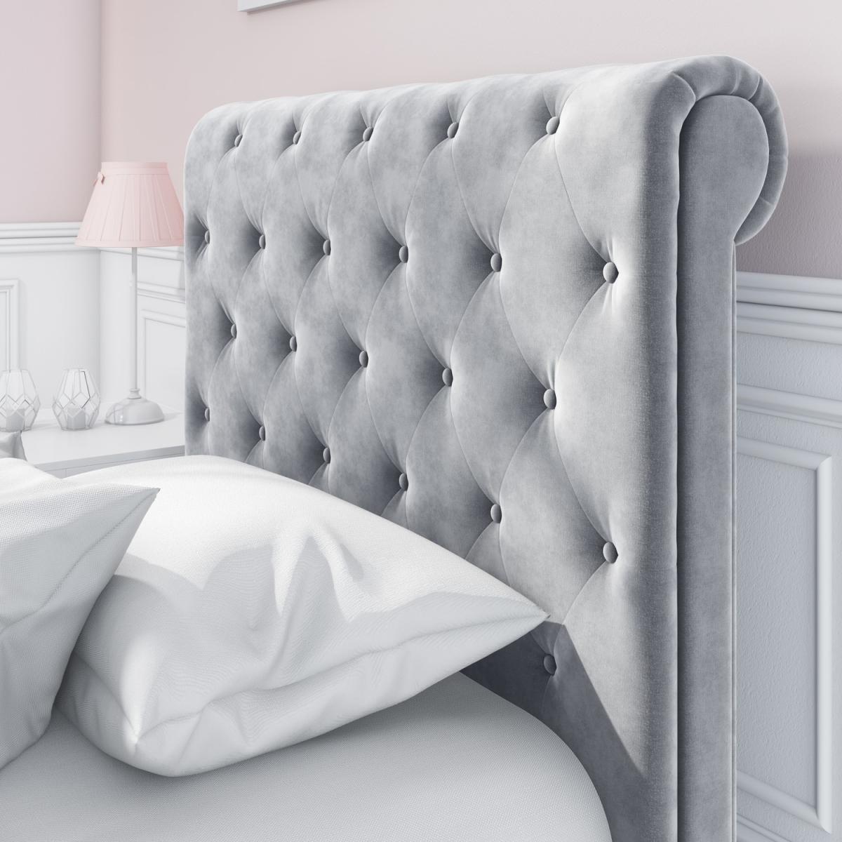 Safina Grey Velvet Single Sleigh Bed with Roll Top Headboard – image 2