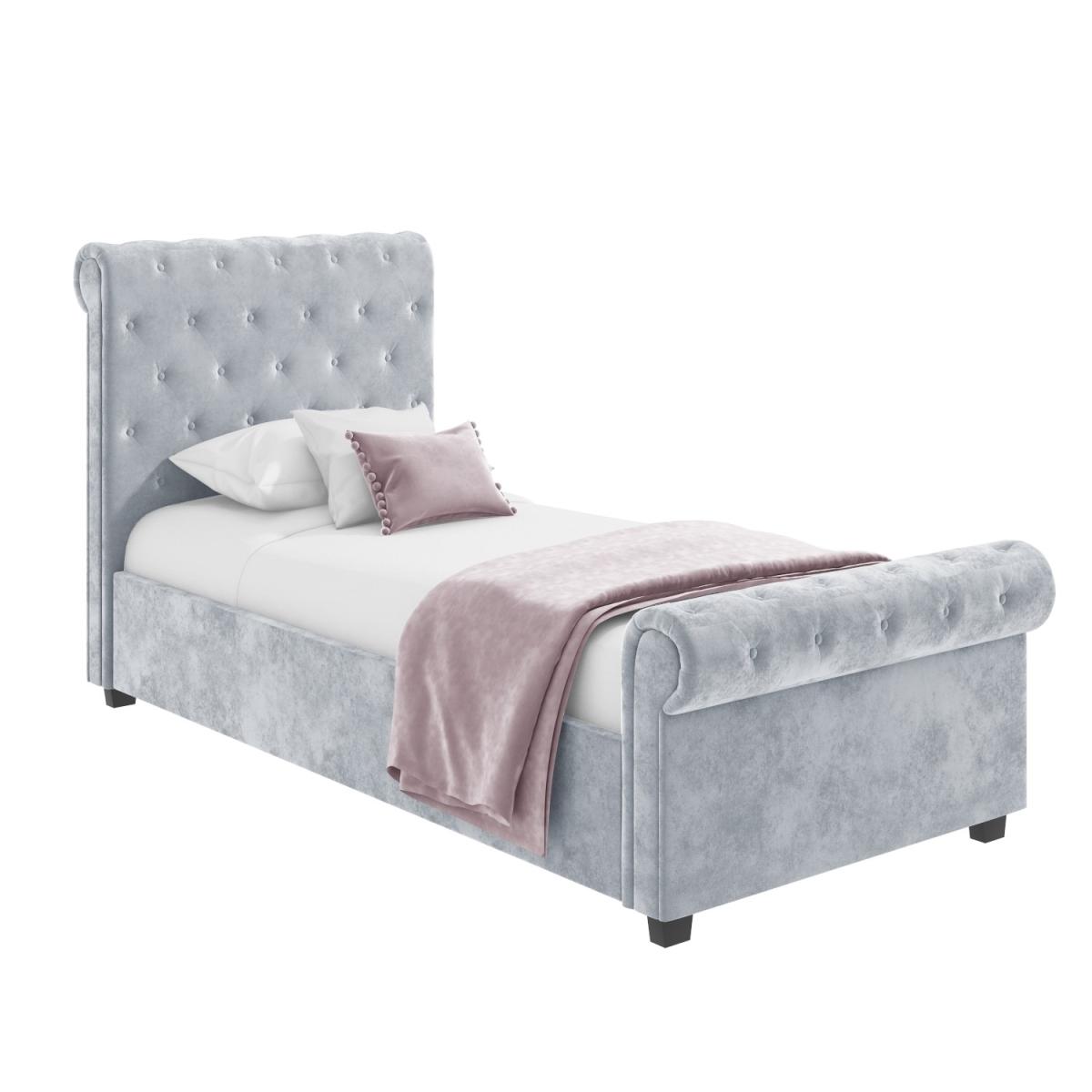 Safina Grey Velvet Single Sleigh Bed with Roll Top Headboard – image 3