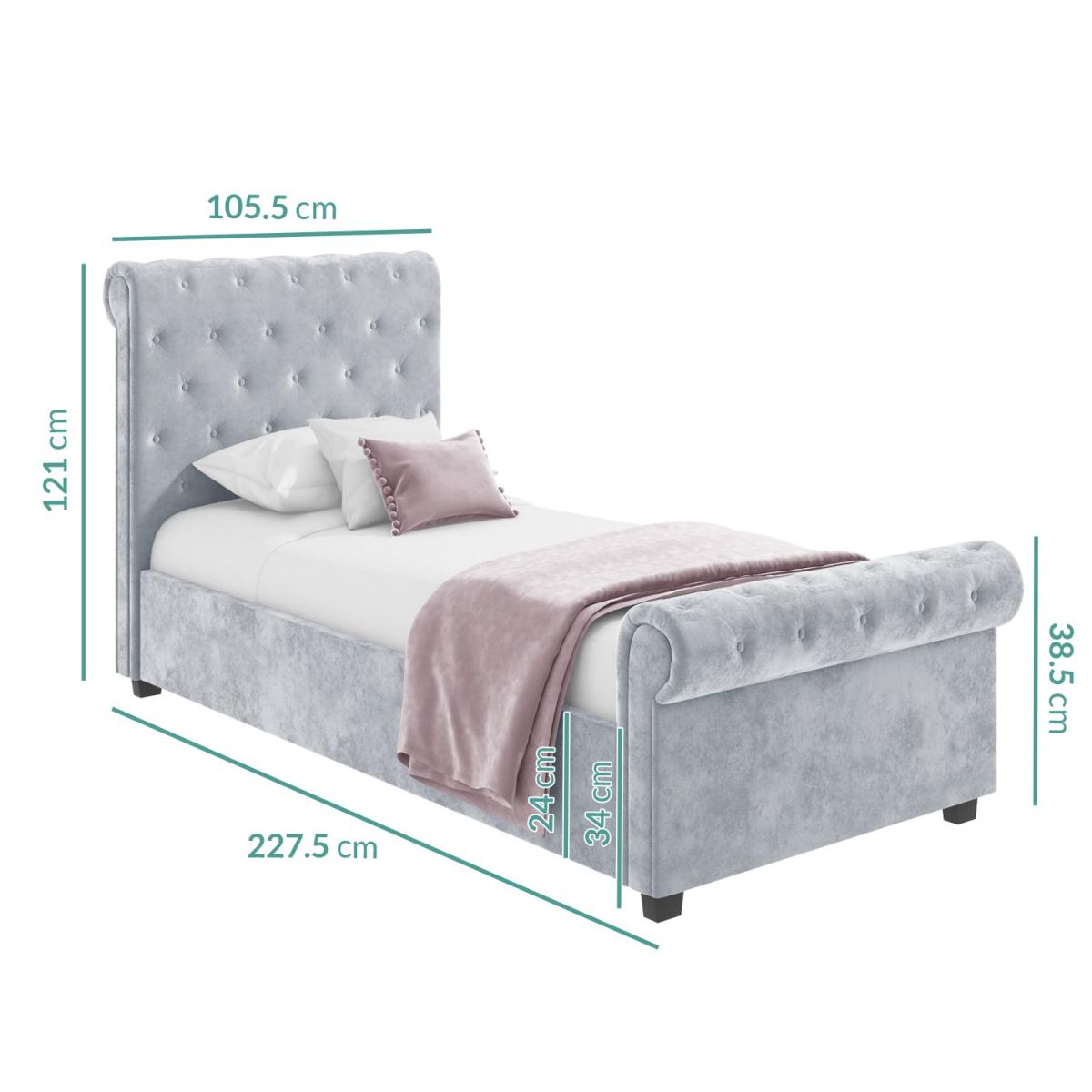 Safina Grey Velvet Single Sleigh Bed with Roll Top Headboard – image 4
