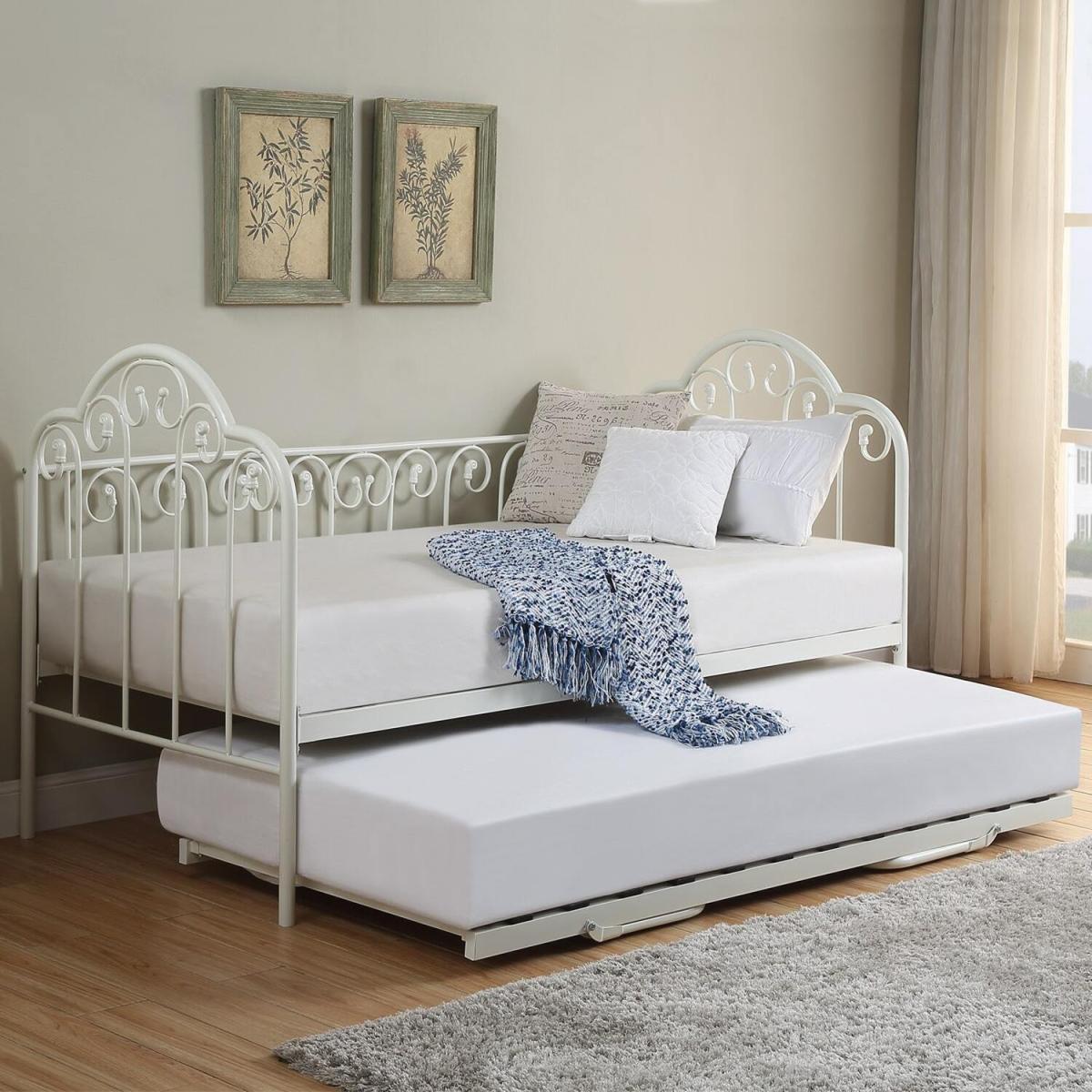 Lilly Vintage Style Single White Metal Day Bed With Folding Guest Trundle Bed - White
