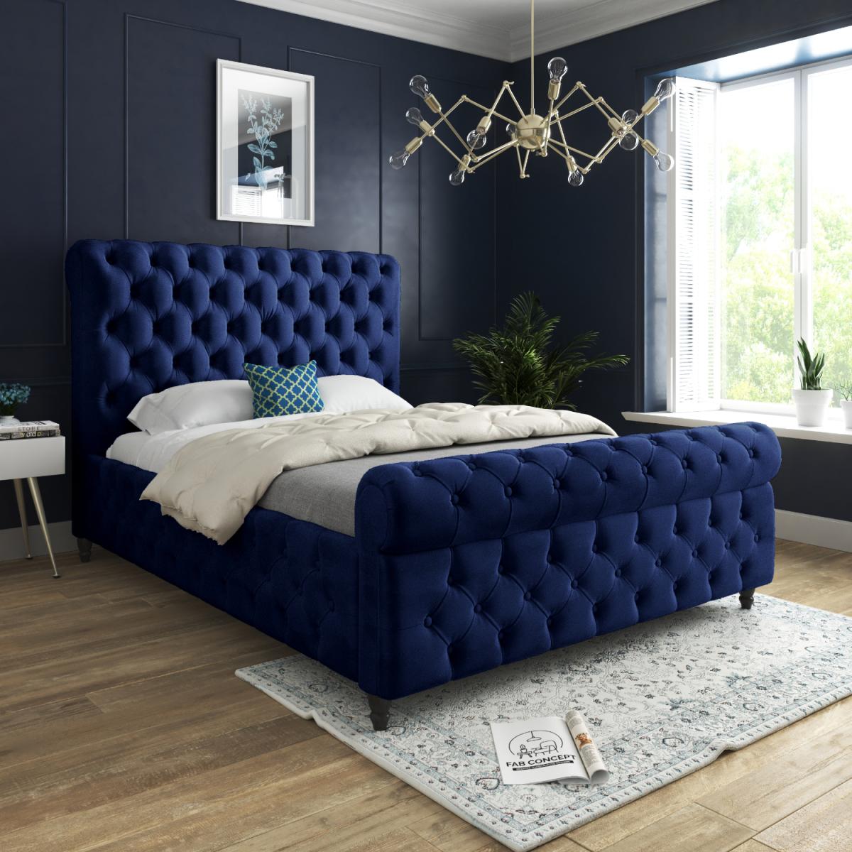 Savana Sleigh Upholstered Soft Velvet Bed Frame - Blue / Single – image 1