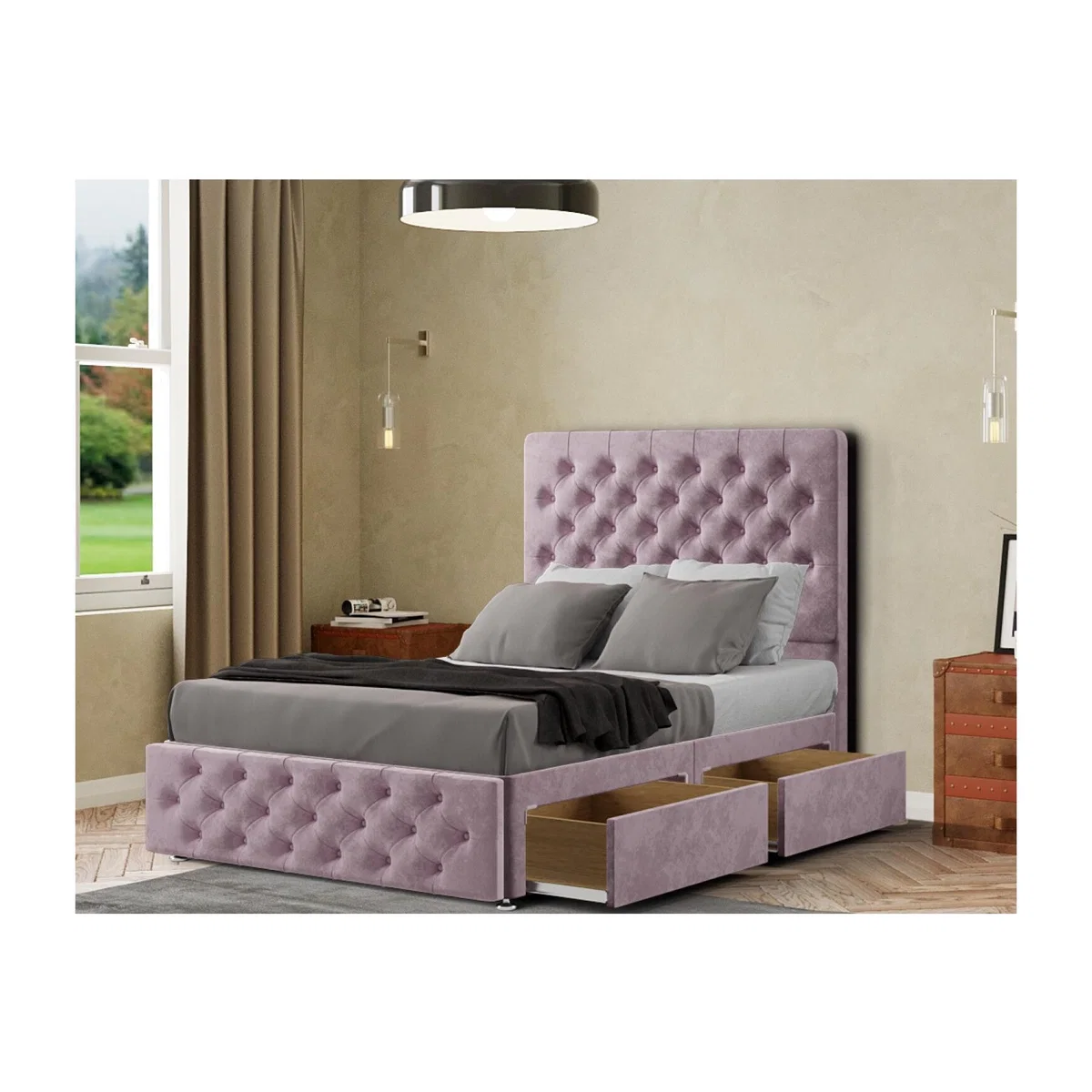 Mary Chesterfield Divan Bed 2 Drawers Floor Standing Headboard Plush - Blush / Single – image 1