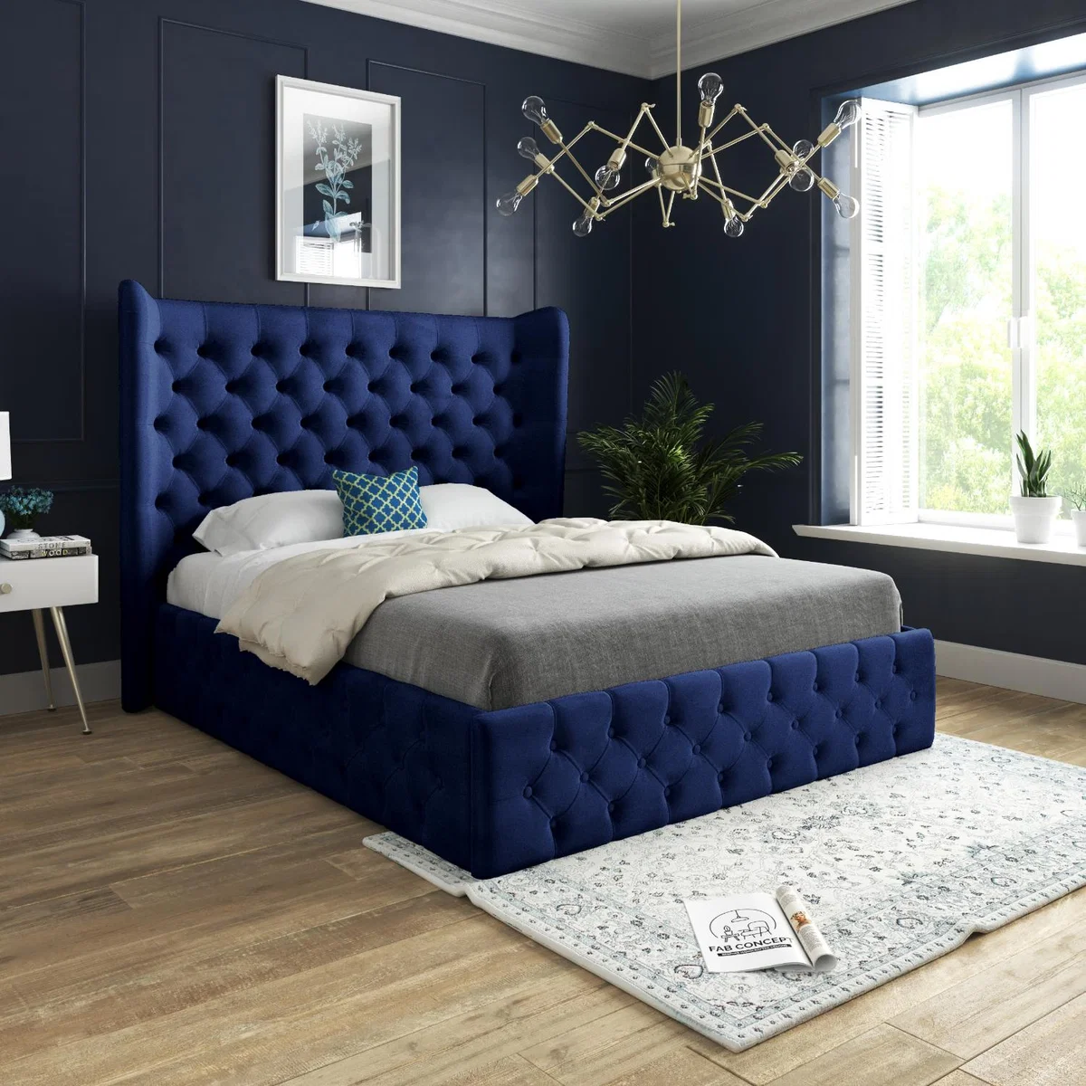 Florence Wide Winged Upholstered Soft Velvet Bed Frame - Blue / Small Single – image 1