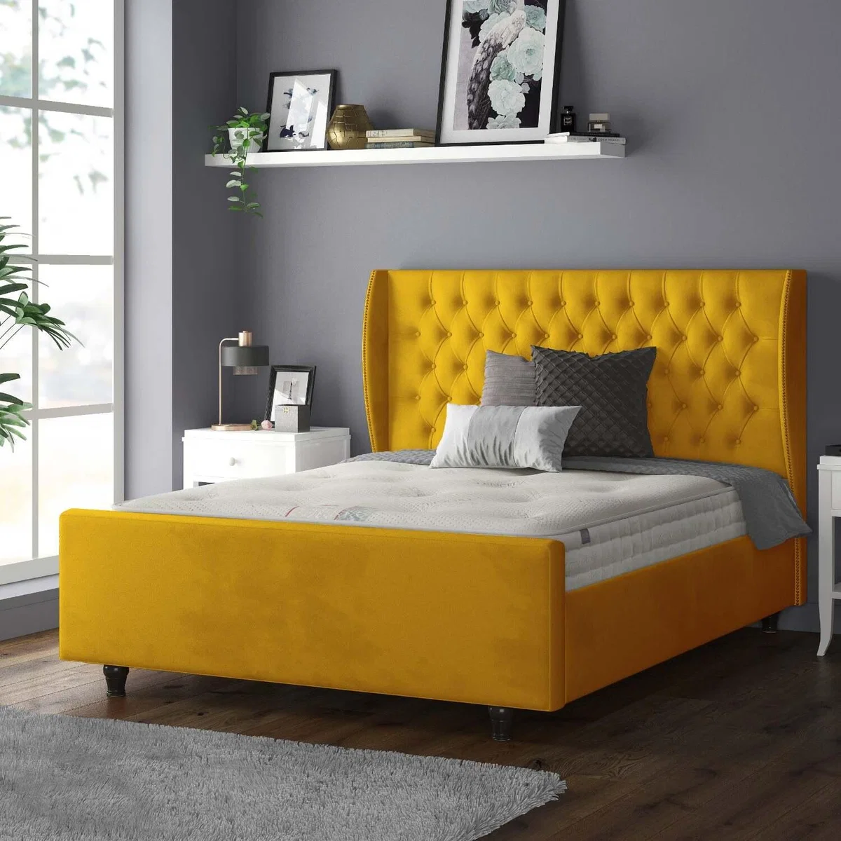 Aurora Chesterfield Wing Plush Velvet Bed Frame with Matching Buttons - Turmeric / Single
