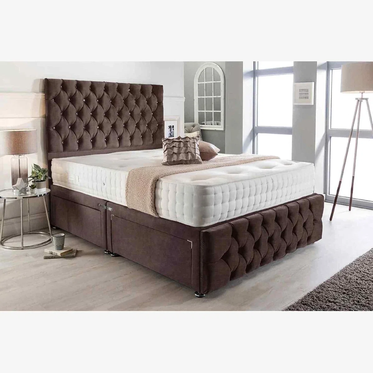 Merina Divan Bed Set with Tall Headboard Mattress-Chenille Fabric, Non Storage - Brown / Small Single – image 1