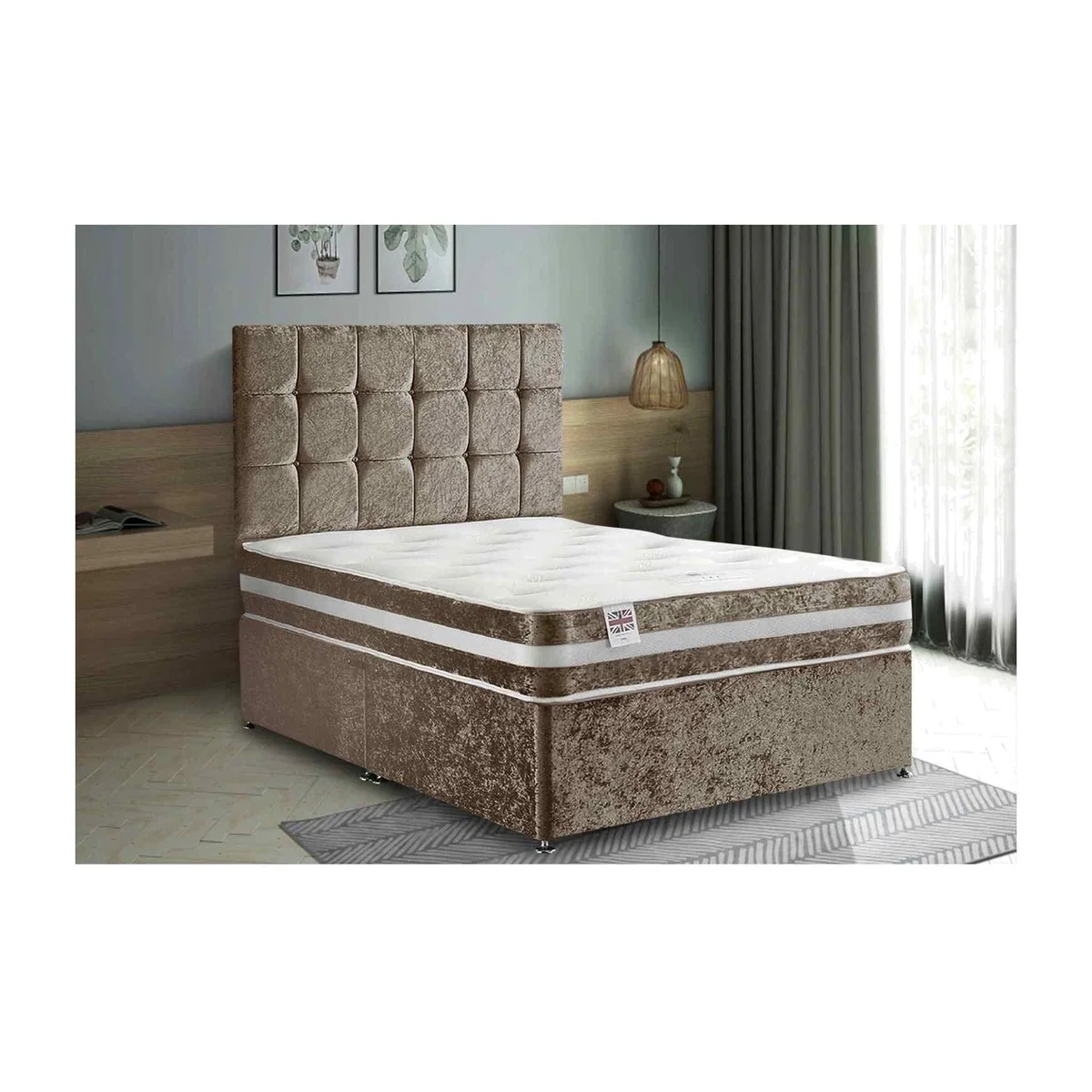 Delia Divan Bed Set with Headboard Mattress-Plush Fabric, 2 Drawers Left Side - Red / Mink / Small Single