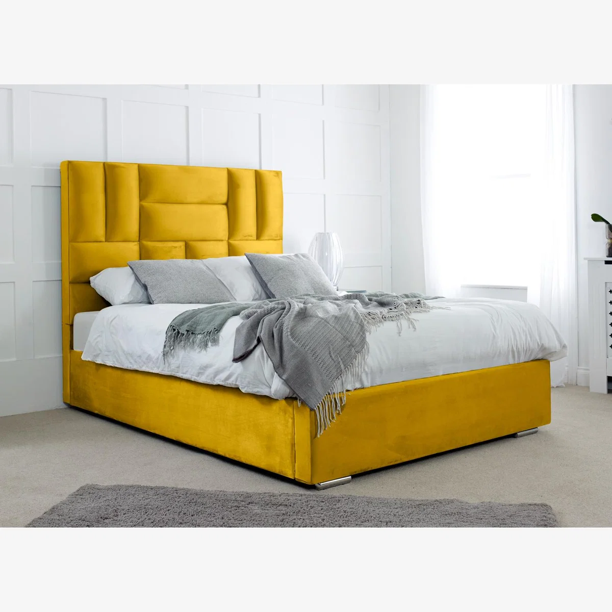 Ofsted Plush 4 Inch Solid Thick Bed Frame With Lined Headboard - Mustard Gold / Single