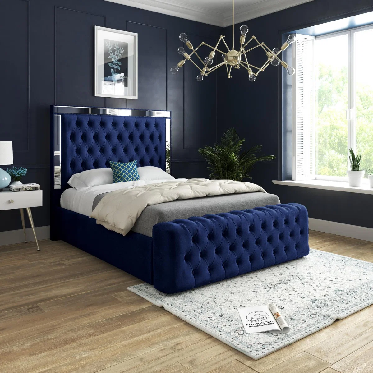Marino Mirror Upholstered Soft Velvet Bed Frame - Blue / Single