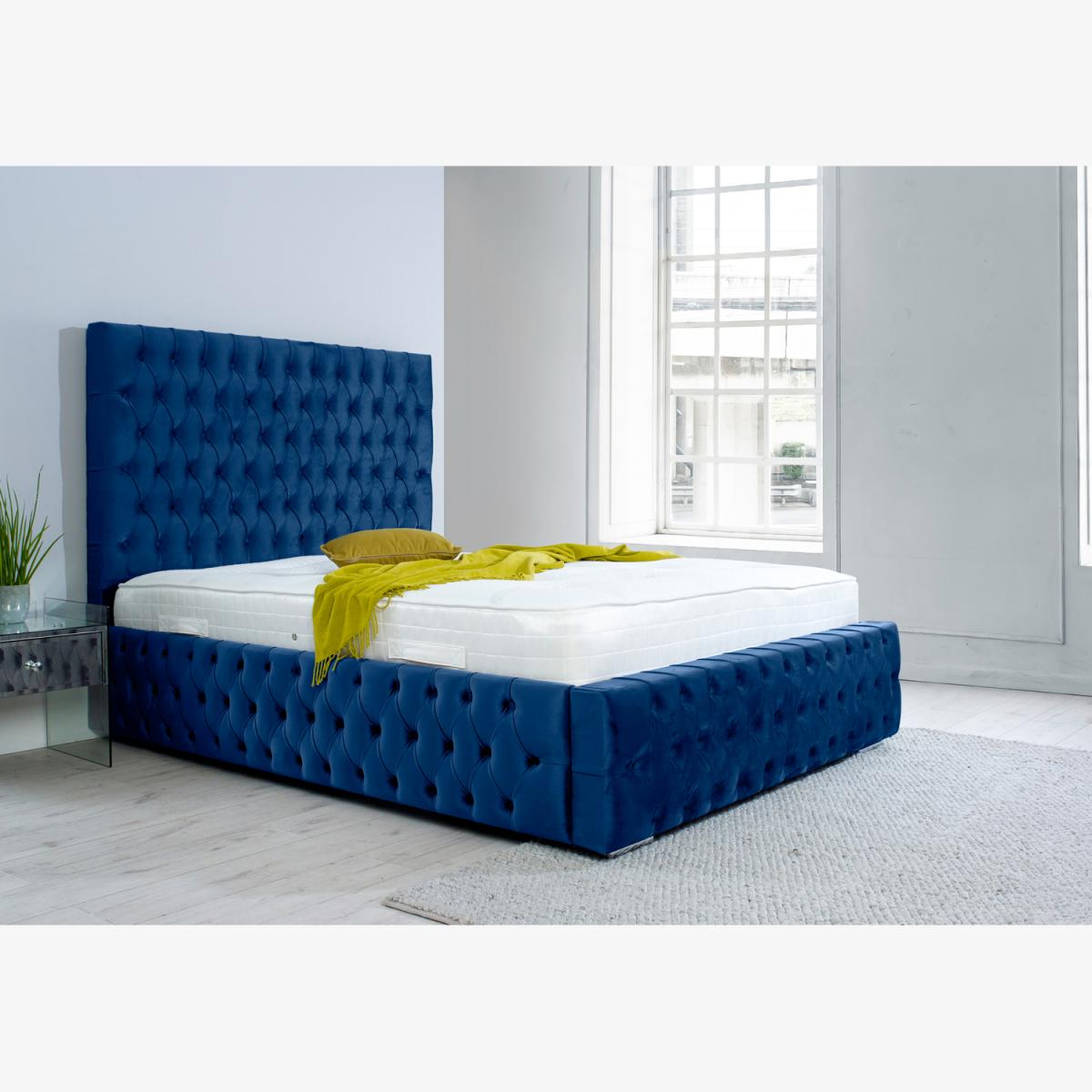 Orella Plush 4 Inch Solid Thick Bed Frame With Chesterfield Headboard - Blue / Single