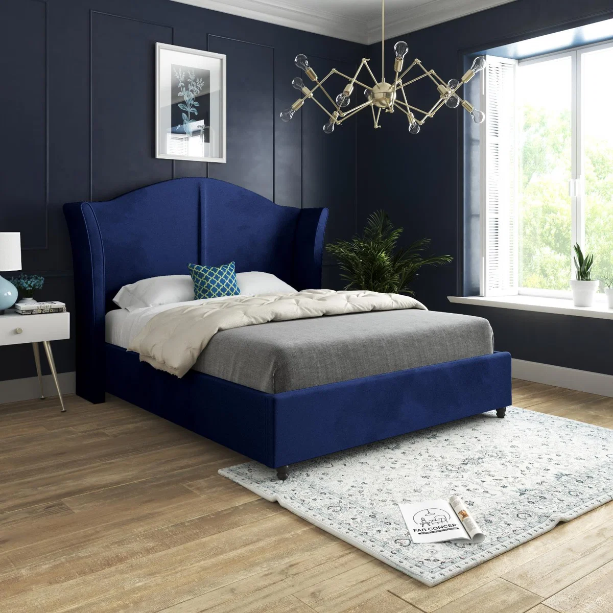 Zampa Curved Top Curved Winged Upholstered Soft Velvet Bed Frame - Blue / Single – image 1
