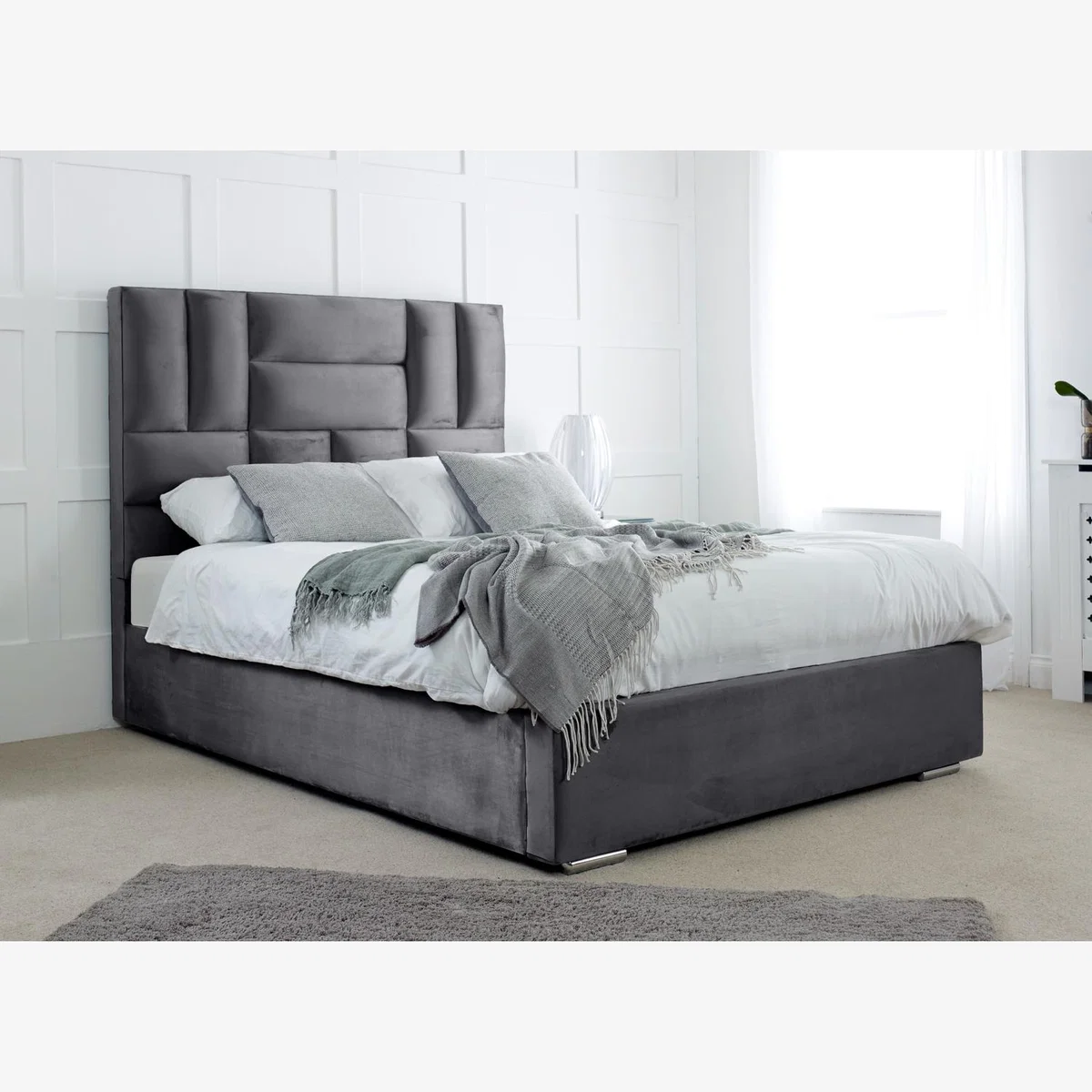 Ofsted Plush 4 Inch Solid Thick Bed Frame With Lined Headboard - Steel / Single