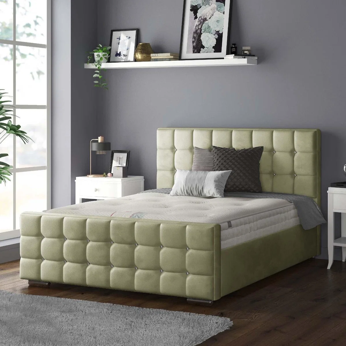 Cube Chesterfield Plush Velvet Bed Frame with Diamonds - Light Green / Single