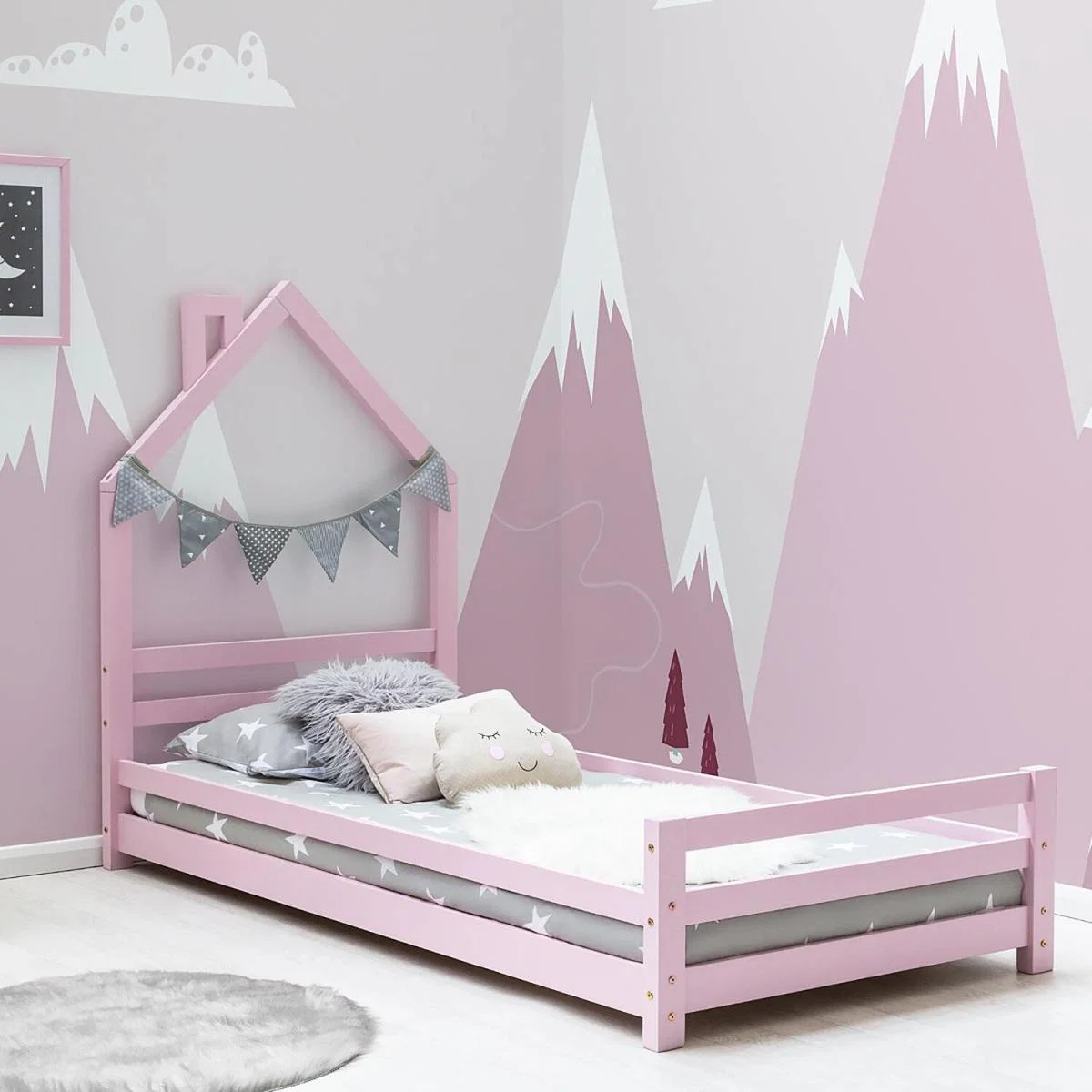 Juni Pink Kids Wooden House Style Single Bed Frame - Pink
